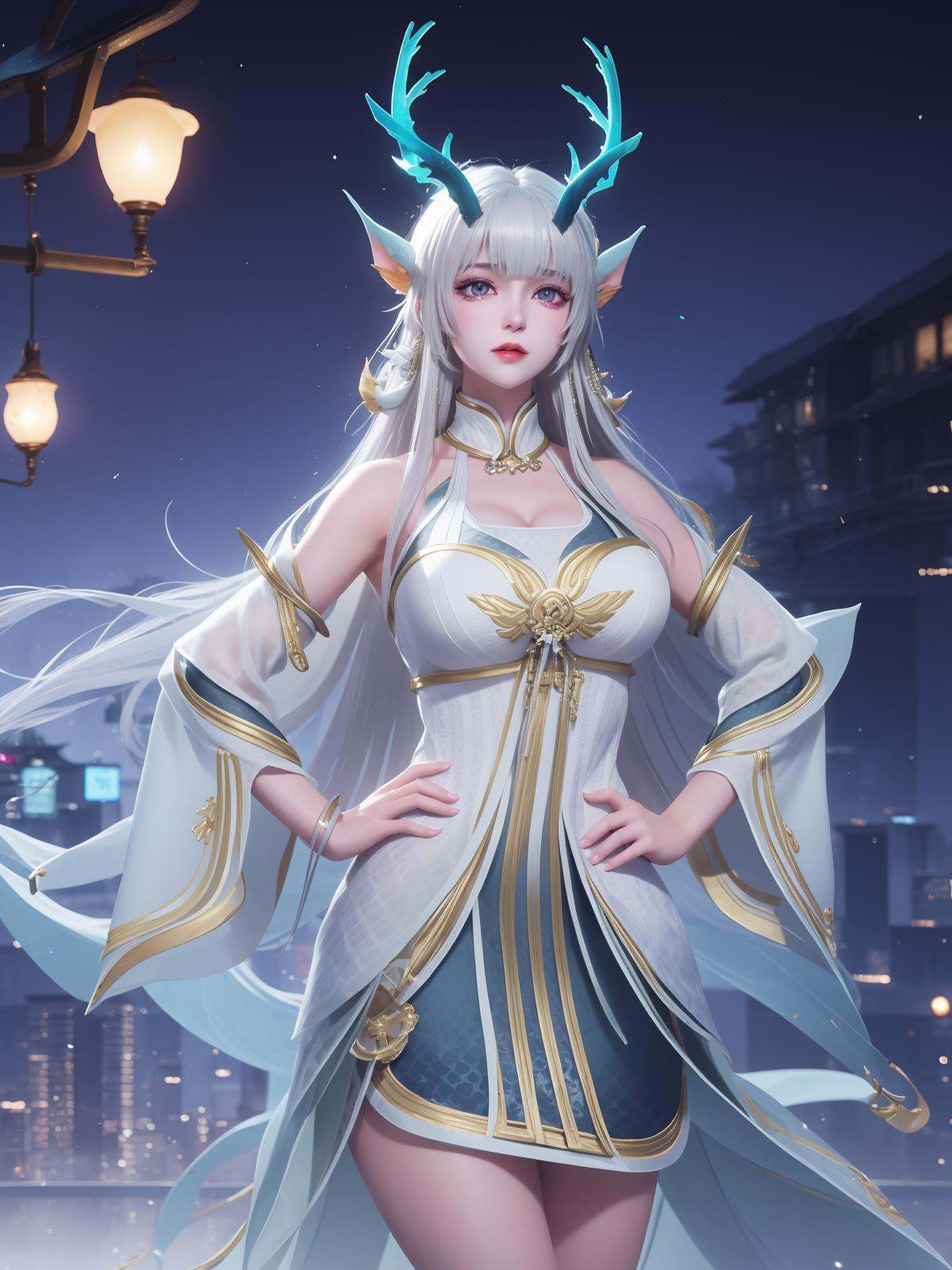 WZRYxishiYLQY, 1girl, long hair, solo, dress, detached sleeves, white hair, horns,mature female, cityscape, night, looking at viewer, cowboy shot, <lora:WZRYxishiYLQYii:0.75>,purple eyes, hand on hip, 