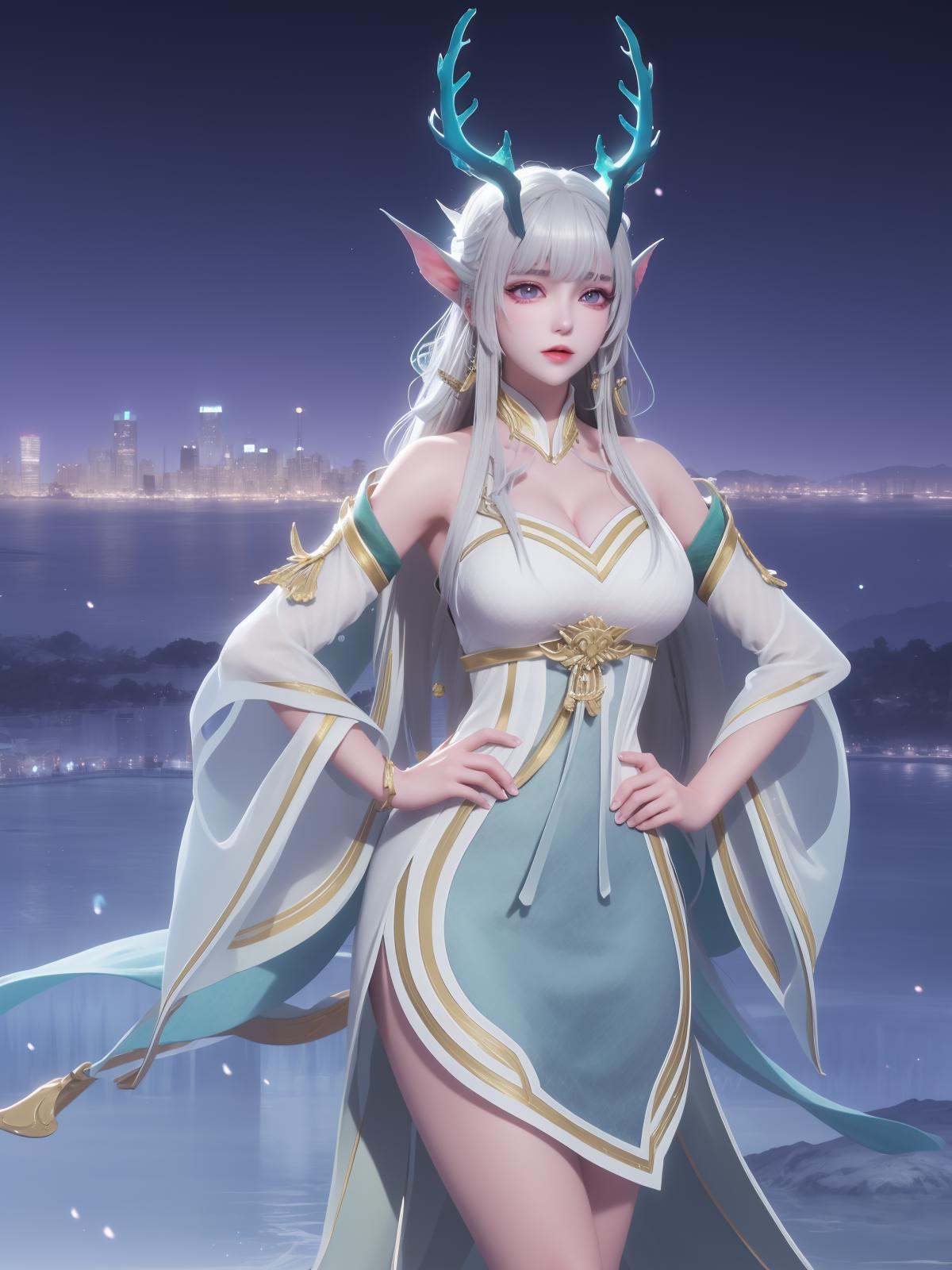 WZRYxishiYLQY, 1girl, long hair, solo, dress, detached sleeves, white hair, horns,mature female, cityscape, night, looking at viewer, cowboy shot, <lora:WZRYxishiYLQYii:0.75>,purple eyes, hand on hip, 