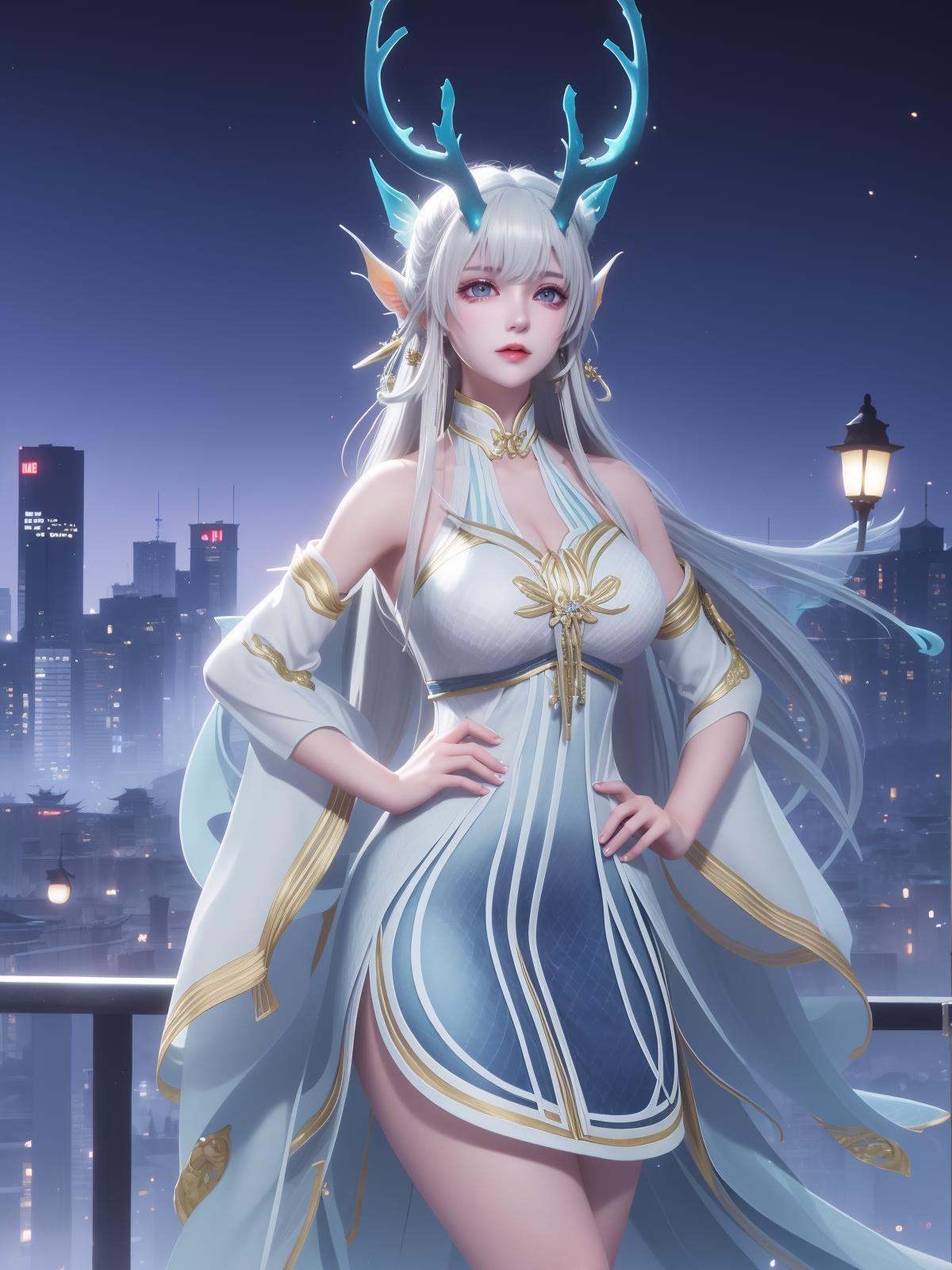 WZRYxishiYLQY, 1girl, long hair, solo, dress, detached sleeves, white hair, horns,mature female, cityscape, night, looking at viewer, cowboy shot, <lora:WZRYxishiYLQYii:0.75>,purple eyes, hand on hip, 