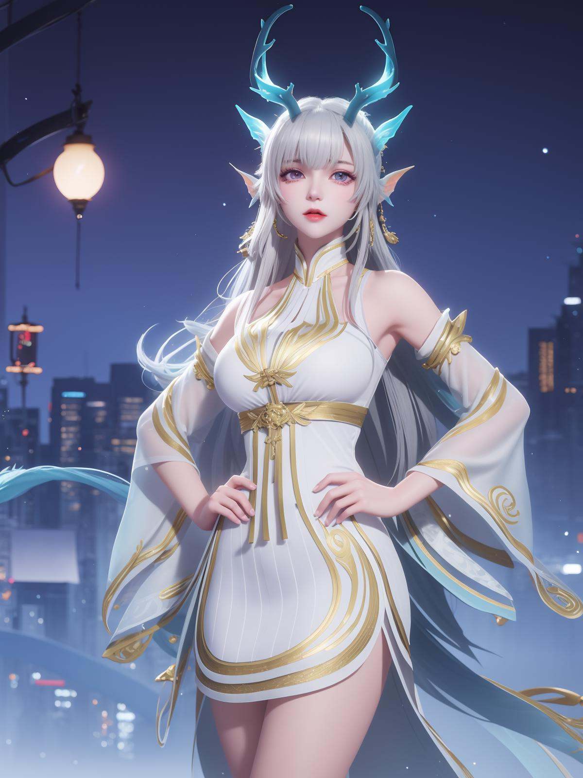 WZRYxishiYLQY, 1girl, long hair, solo, dress, detached sleeves, white hair, horns,mature female, cityscape, night, looking at viewer, cowboy shot, <lora:WZRYxishiYLQYii:0.75>,purple eyes, hand on hip, 
