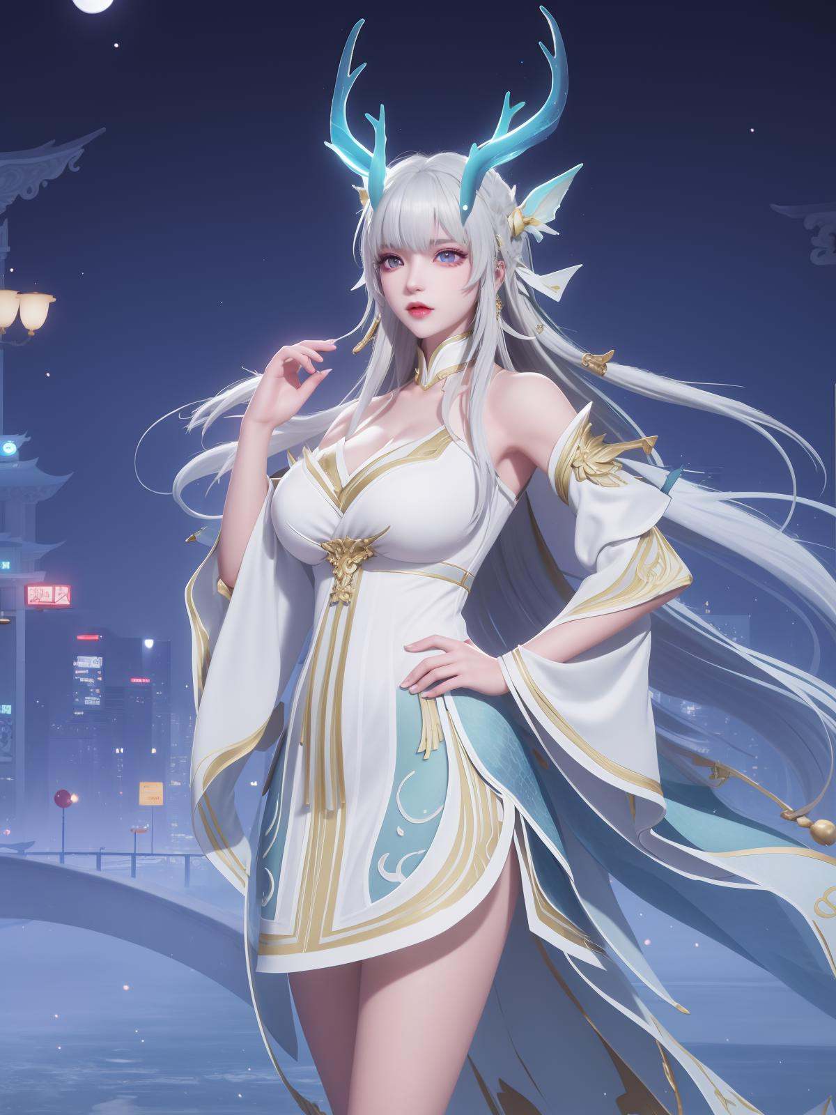 WZRYxishiYLQY, 1girl, long hair, solo, dress, detached sleeves, white hair, horns,mature female, cityscape, night, looking at viewer, cowboy shot, <lora:WZRYxishiYLQYii:0.75>,purple eyes, hand on hip, 