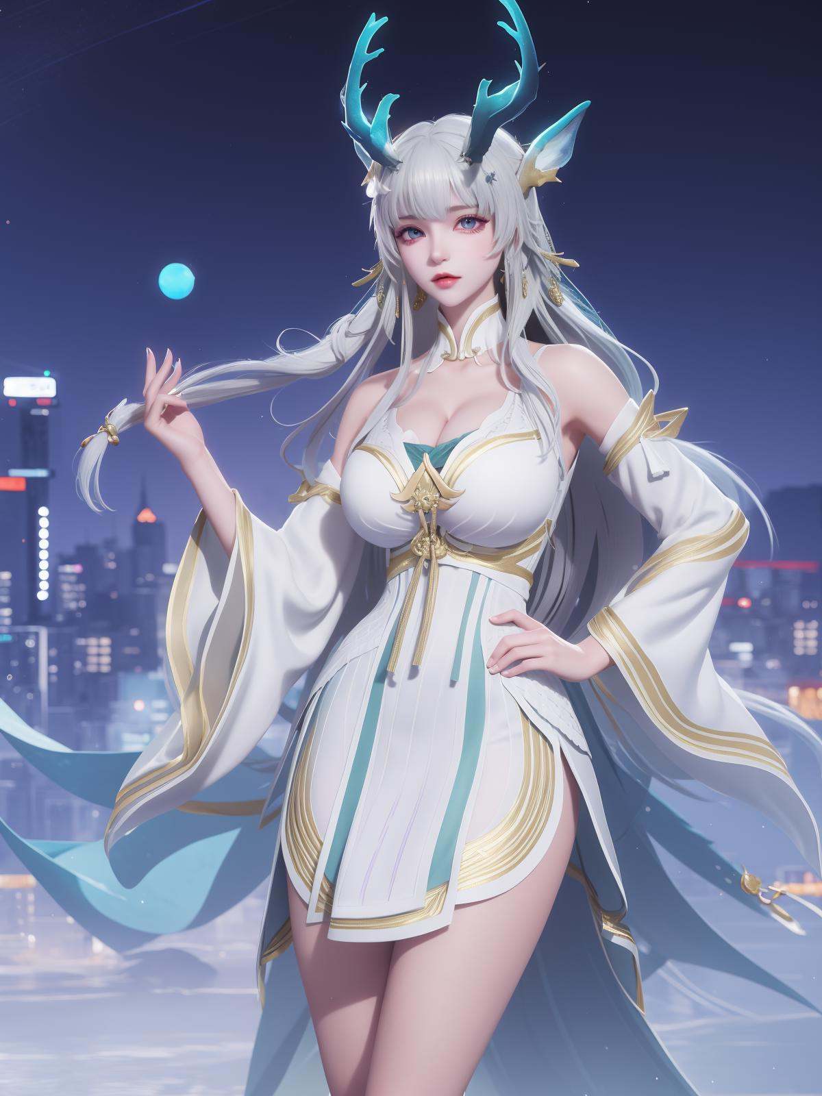 WZRYxishiYLQY, 1girl, long hair, solo, dress, detached sleeves, white hair, horns,mature female, cityscape, night, looking at viewer, cowboy shot, <lora:WZRYxishiYLQYii:0.75>,purple eyes, hand on hip, 