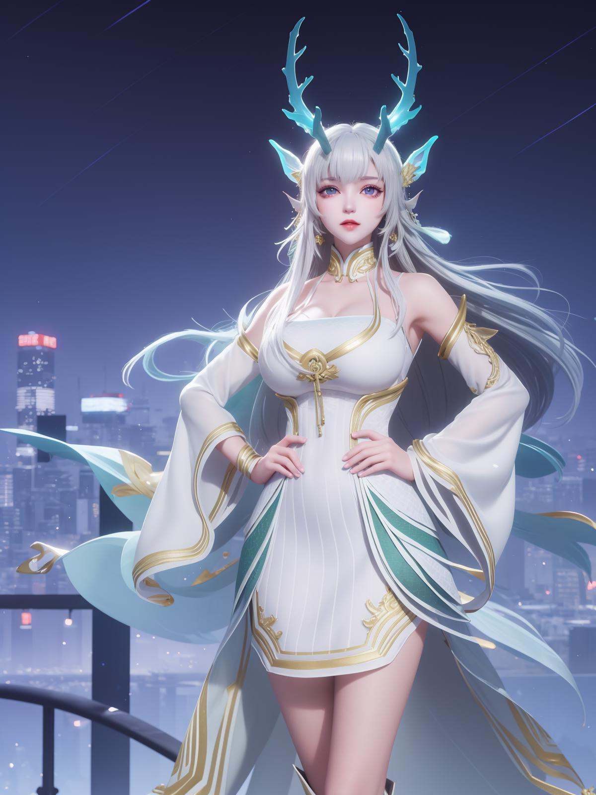 WZRYxishiYLQY, 1girl, long hair, solo, dress, detached sleeves, white hair, horns,mature female, cityscape, night, looking at viewer, cowboy shot, <lora:WZRYxishiYLQYii:0.75>,purple eyes, hand on hip, 