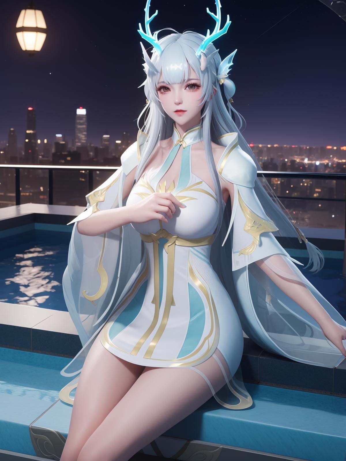 WZRYxishiYLQY, 1girl, solo, long hair, dress, white hair,horns, headgear, <lora:WZRYxishiYLQY:0.75>,cityscape, night, looking at viewer, mature female, pool,long sleeves,see-through,collar, wide sleeves, sitting, 