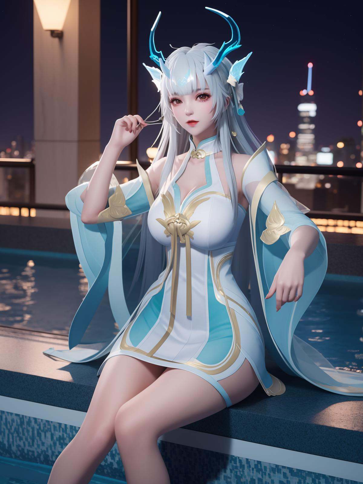 WZRYxishiYLQY, 1girl, solo, long hair, dress, white hair,horns, headgear, <lora:WZRYxishiYLQY:0.75>,cityscape, night, looking at viewer, mature female, pool,long sleeves,see-through,collar, wide sleeves, sitting, 