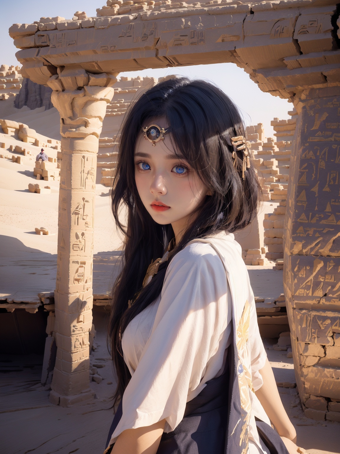  1girl,blue eyes,in egypt,panorama,upper_body,cowboy_shot,,pyramid,heterochromia,yellow eyes, ajkds, DUNHUANG_CLOTHS, chang