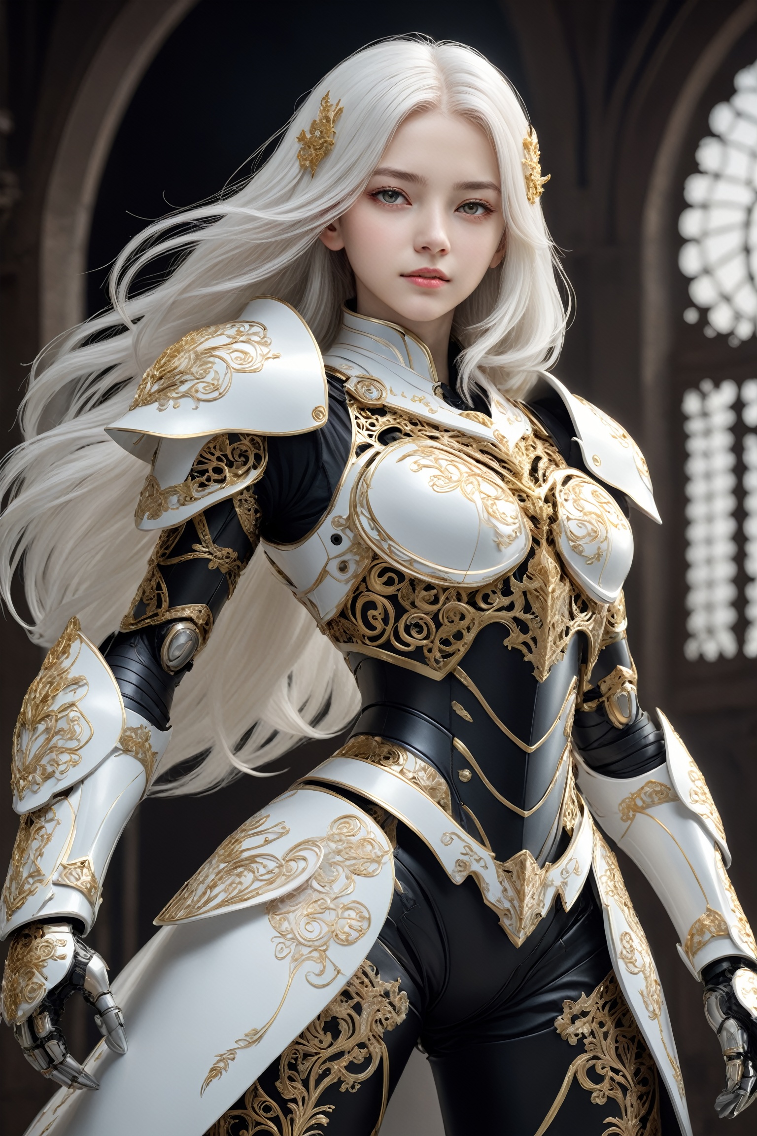 front_view, masterpiece, best quality, photorealistic, raw photo, (1girl, looking at viewer), long white hair, mechanical white armor, intricate armor, delicate gold filigree, intricate filigree, black metalic parts, detailed part, dynamic pose, detailed background, dynamic lighting,
