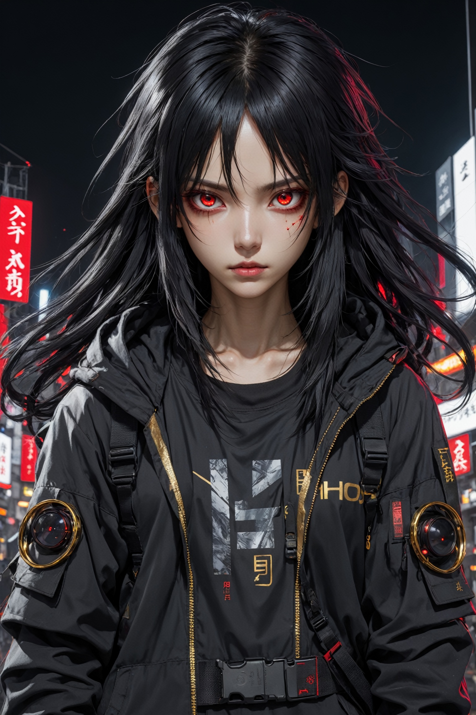 Red eyes, evil, messy black hair, High detailed, midjourney, perfecteyes, Color magic, urban techwear, golden, shiny, hmochako, Long hair