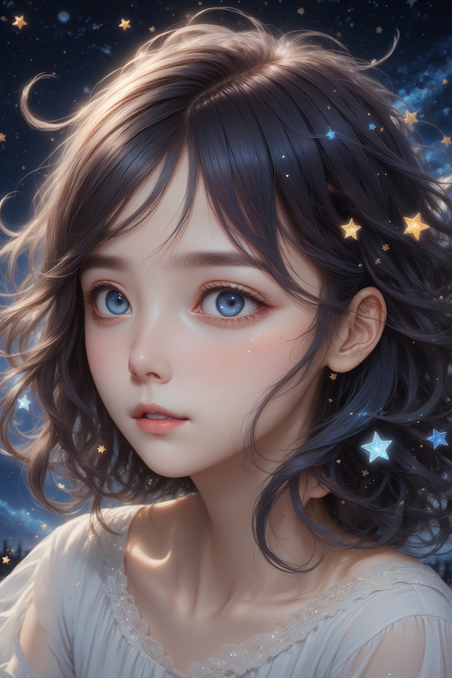 {{best quality}}, {{masterpiece}}, {{ultra-detailed}}, {illustration}, {detailed light}, {an extremely delicate and beautiful}, a girl, {beautiful detailed eyes}, stars in the eyes, messy floating hair, colored inner hair, Starry sky adorns hair, depth of field