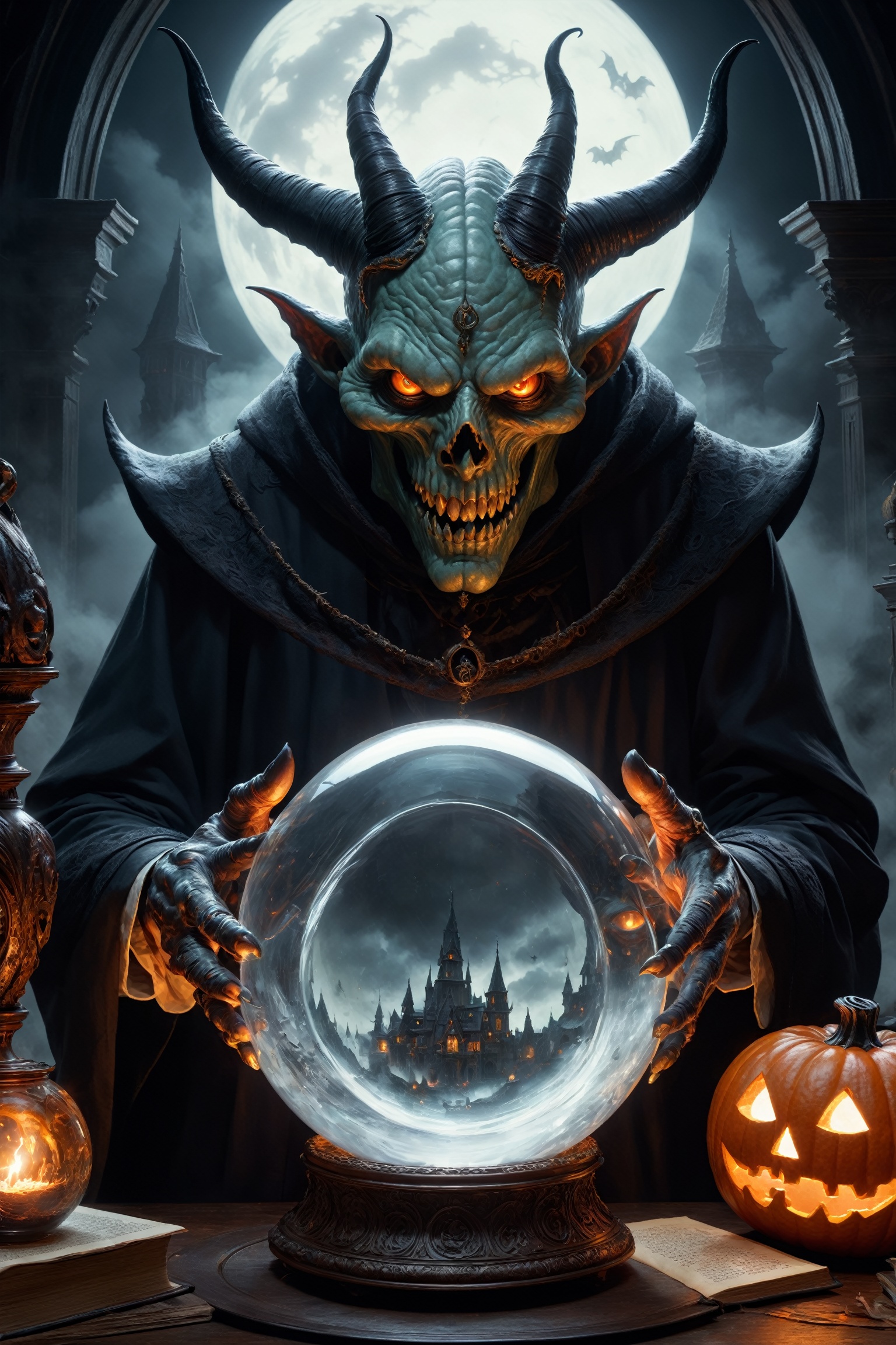 The scene takes place in a mystical study where a ghoul fervently studies the dark arts, peering into a crystal ball. Bright eyes, horns, stack of books. Within the confines of the glass, a malevolent monster takes shape and its sinister, smiling presence is captured with chills.spirits surrounding its back, Epic cinema, brilliant, stunning, intricate, meticulously detailed, dramatic, atmospheric, maximalist, digital matte painting, realistic and complementary colors. Detail, white eyes, real hands, terror, Jack o Lantern, mythical clouds, fire element