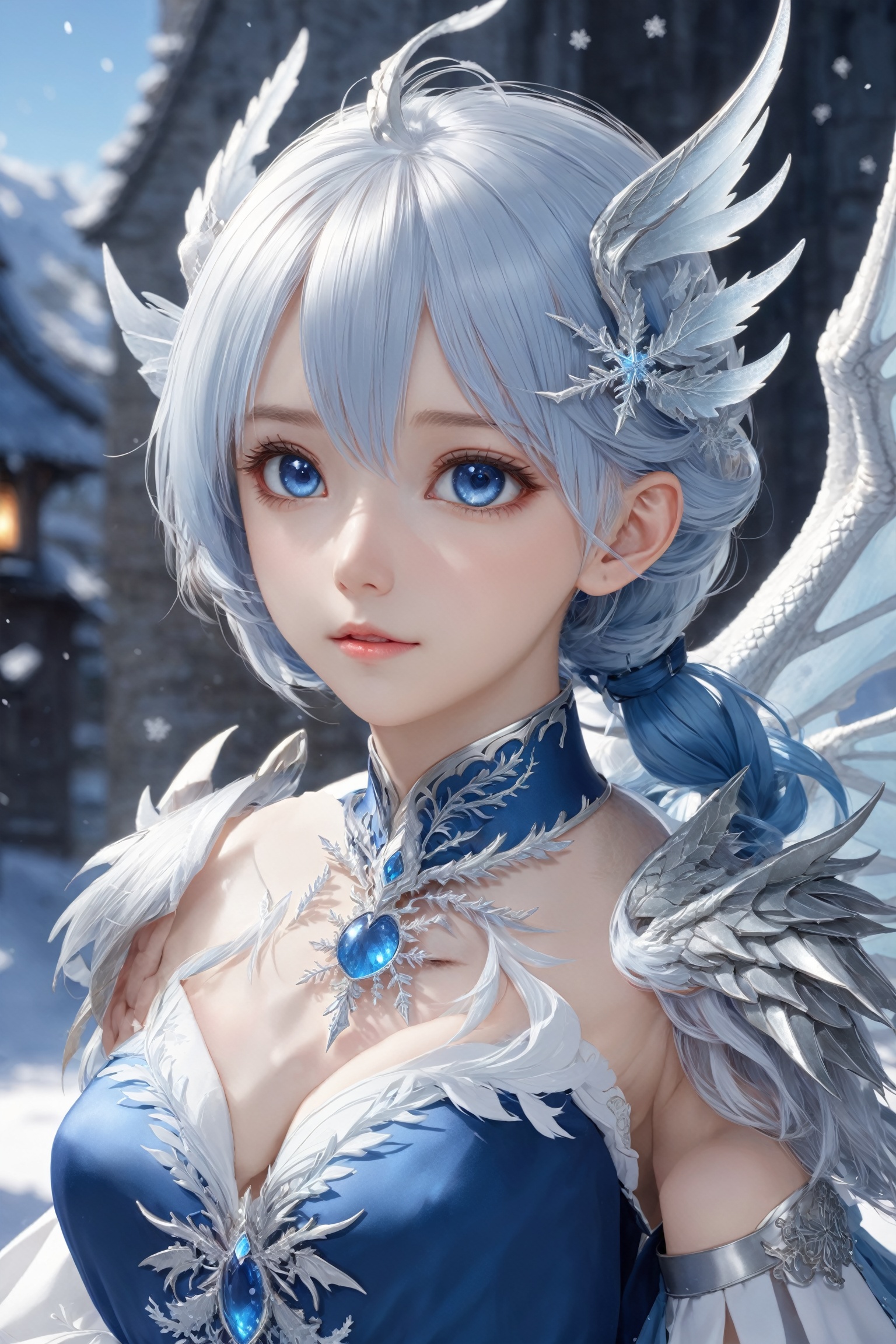 ((best quality)), ((masterpiece)), ((ultra-detailed)), extremely detailed CG, (illustration), ((detailed light)), (an extremely delicate and beautiful), a girl, solo, ((upper body,)), ((cute face)), expressionless, (beautiful detailed eyes), blue dragon eyes, (Vertical pupil:1.2), white hair, shiny hair, colored inner hair, (Dragonwings:1.4), [Armor_dress], blue wings, blue_hair ornament, ice adorns hair, [dragon horn], depth of field, [ice crystal], (snowflake), [loli], [[[[[Jokul]]]]]