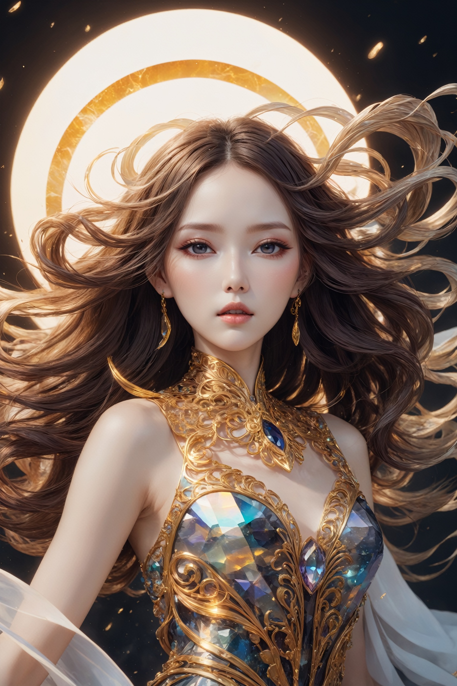 (masterpiece,top quality,best quality,official art,beautiful and aesthetic:1.2),,dreamwave,harajuku_mimi,android,smoke,aesthetic,vortex,2d_harajyuku,beautiful woman,(elegant:1.2),flactal art,(zentangle:0.5),colorful,crystal,gold.,(sexy),wind,storm,backlighting,solar eclipse,long hair,vogue,depth of field,translucent,floating