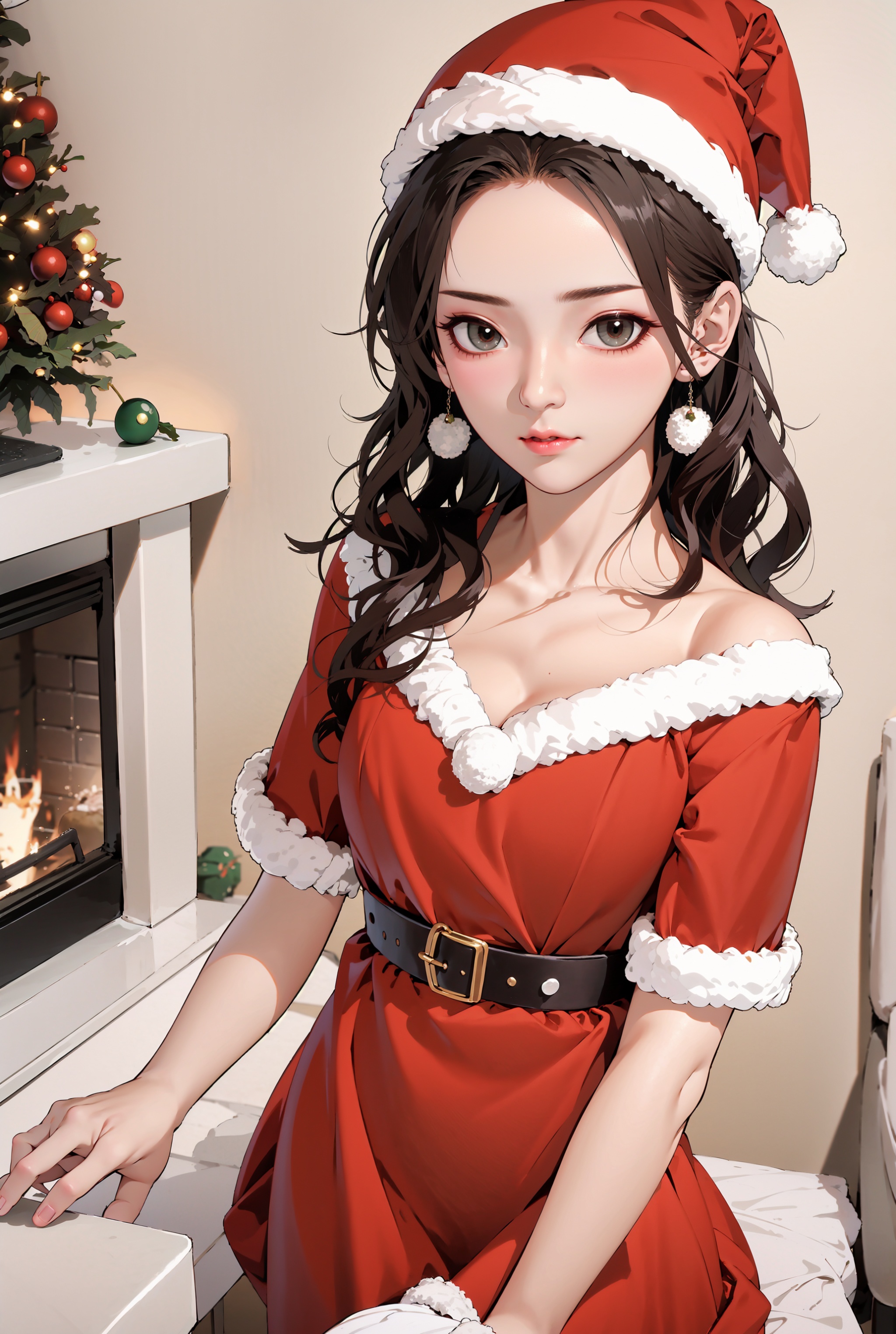  1girl,Christmas Day, 1 girl,Fireplace, Christmas tree, 1 girl,Christmas hat, Christmas