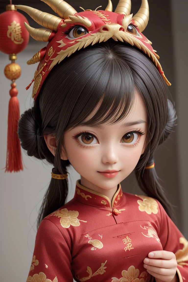 honbao,red envelope,1girl, solo, long hair, looking at the audience, smile,honbao,Hands holding red envelope, hair accessories, big eyes, a super cute little girl, shut up, smile, cute dragon headdress, cute little dragon scale pattern skirt, auspicious clouds, super detailed and complex, radiating With exciting festive atmosphere, soft colors and simple background