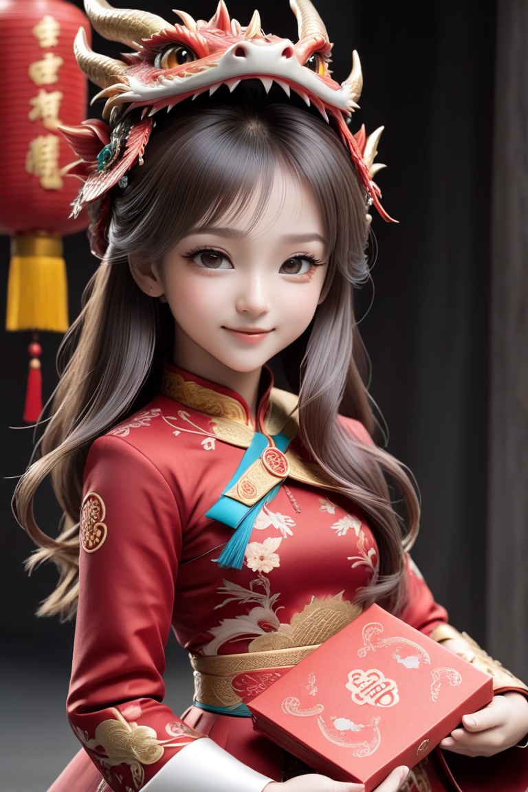 honbao,red envelope,1girl, solo, long hair, looking at the audience, smile,honbao,Hands holding red envelope, hair accessories, big eyes, a super cute little girl, shut up, smile, cute dragon headdress, cute little dragon scale pattern skirt, auspicious clouds, super detailed and complex, radiating With exciting festive atmosphere, soft colors and simple background