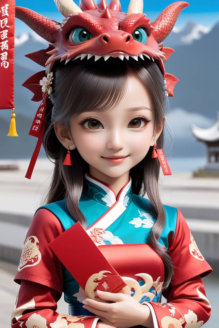 honbao,red envelope,1girl, solo, long hair, looking at the audience, smile,honbao,Hands holding red envelope, hair accessories, big eyes, a super cute little girl, shut up, smile, cute dragon headdress, cute little dragon scale pattern skirt, auspicious clouds, super detailed and complex, radiating With exciting festive atmosphere, soft colors and simple background