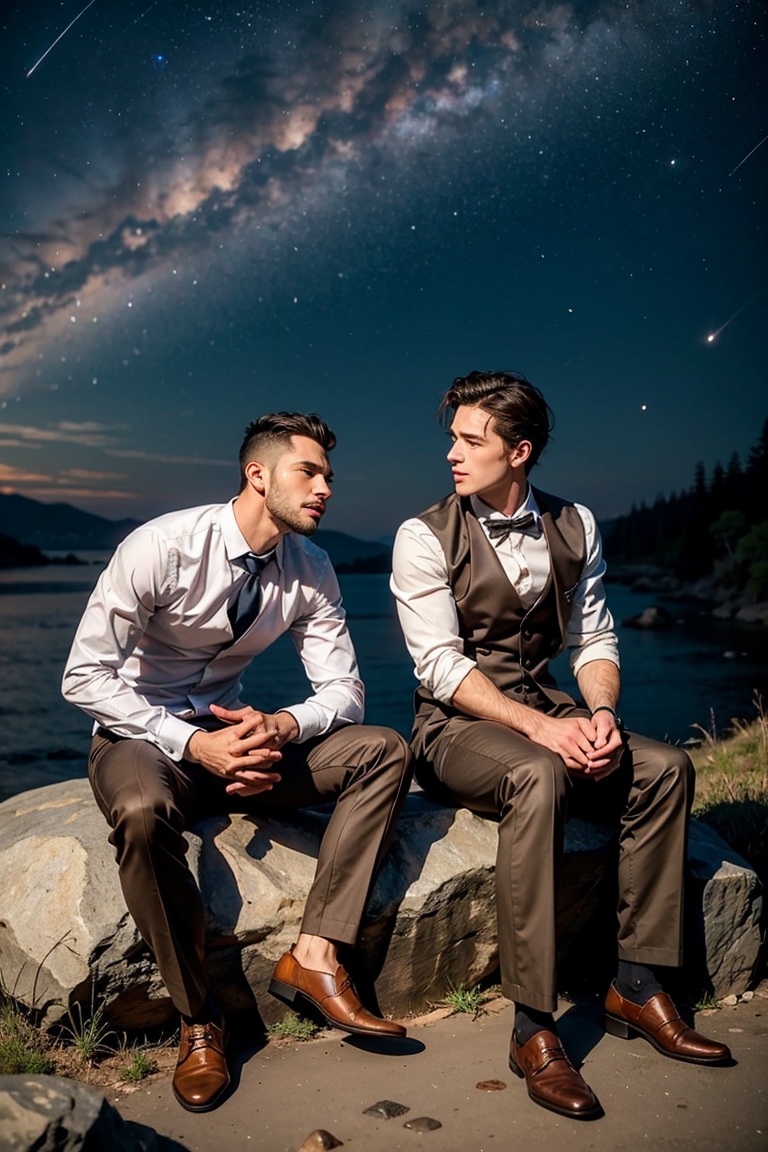 Handsome Men ,  Sitting on a rock and looking at the stars on Tensor.Art