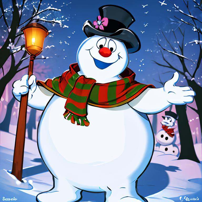 <lora:Genzoman_Style_Dim64:0.6>,((masterpiece,best quality)), absurdres, <lora:Frosty_the_Snowman:0.8>, Frosty_the_Snowman, snowman, no humans,  solo, smiling, looking at viewer, cowboy shot, 