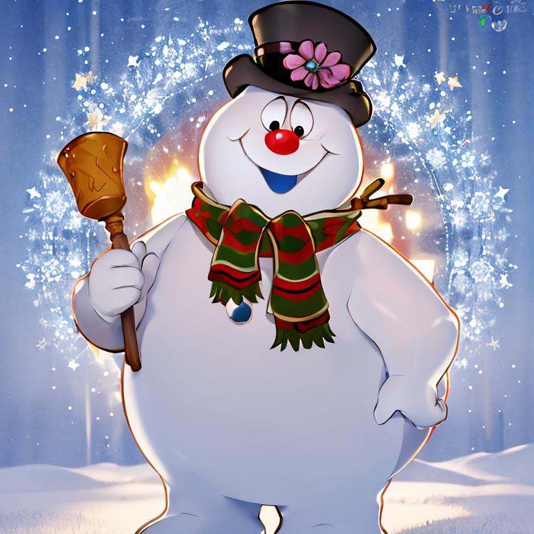 <lora:Puppypaww_Style:0.8>,((masterpiece,best quality)), absurdres, <lora:Frosty_the_Snowman:0.8>, Frosty_the_Snowman, snowman, no humans,  solo, smiling, looking at viewer, cowboy shot, 