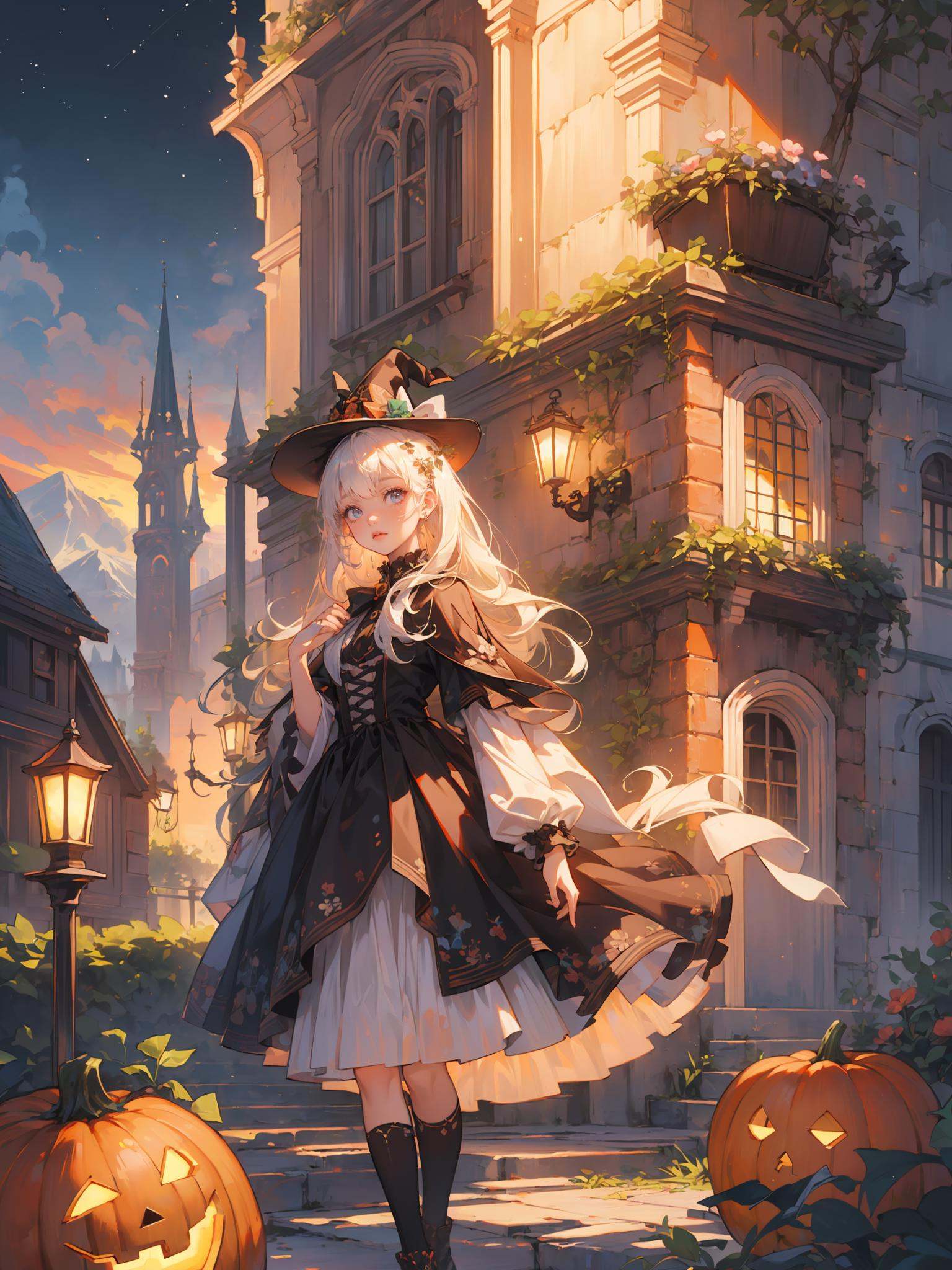 hezi,(extremely detailed CG unity 8k wallpaper),(masterpiece),(best quality),(ultra-detailed),(best illu0.5ation),(1girl:1.5),candy,hallowmas,night,pumpkin lamp,witch,The detailed castle,mist encircles the mountains,fairyland,nature,flowers,<lora:全网首发—虚﷿太阳光animation light :0.7>,