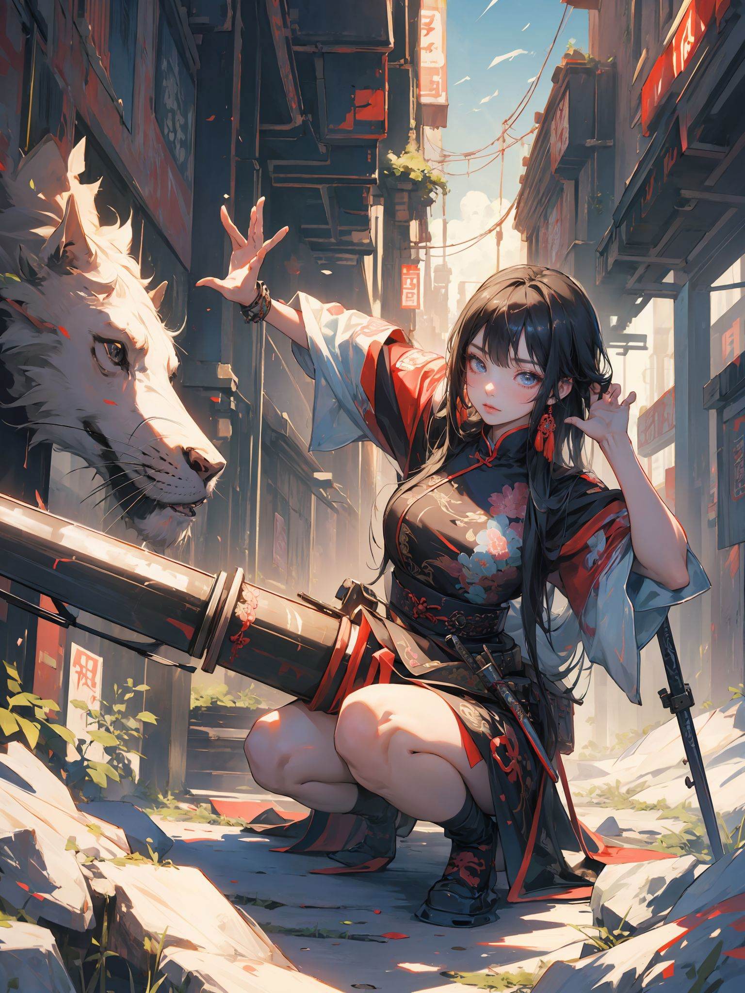 Epic CG masterpiece,cyberpunk style Chinese girl,stunningly beautiful,holding a samurai sword,crouching on the ground with legs spread apart,tech and chinoiserie clothes,graphic tension,dynamic poses,stunning colors,3D rendering,surrealism,cinematic lighting effects,realism,00 renderer,super realistic,masterpiece,best quality,32k uhd,insane details,intricate details,hyperdetailed,hyper quality,high detail,ultra detailed,Masterpiece,<lora:全网首发—虚﷿太阳光animation light :0.7>,