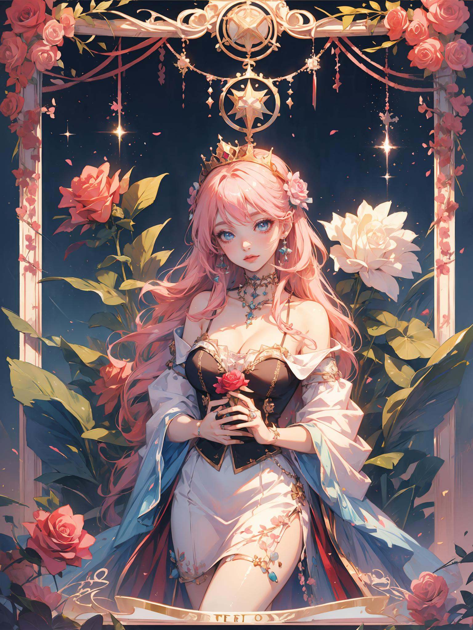 Concept art,tarot cards,borders,European patterns,1girl,solo,tarot,flower,ring,breasts,jewelry,cleavage,blue eyes,makeup,crown,pink hair,nail polish,lipstick,rose,dress,medium breasts,looking at viewer,red flower,<lora:全网首发—虚﷿太阳光animation light :0.7>,