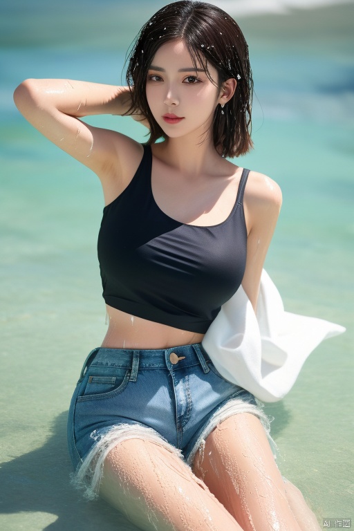  Ms Alafid wearing a black top and blue denim shorts poses for a photo, Robot 18,Realistic perfect body, hot,sunny, Realistic anime girl rendering, photorealism art style, Popular topics on cgstation, Sun Yunzhu, Realistic anime 3D style, realism art style, most models | artistic sprout, [ 4K realism ]!!,Close-up of a woman wearing awh它e top posing for a photo,Exquis它e gravure printed idols, (Realistic skin), attractive, surreal, Very detailed, golden ratio, (White T-shirt, transparent,water leakage, despair, Compassionate, poor, Light, big watery eyes, big watery eyes, (torn clothes: 1.3), ((wet clothes: 1.3)), Shoulder, True Rain, wet hair, ((South Korea, whole body))