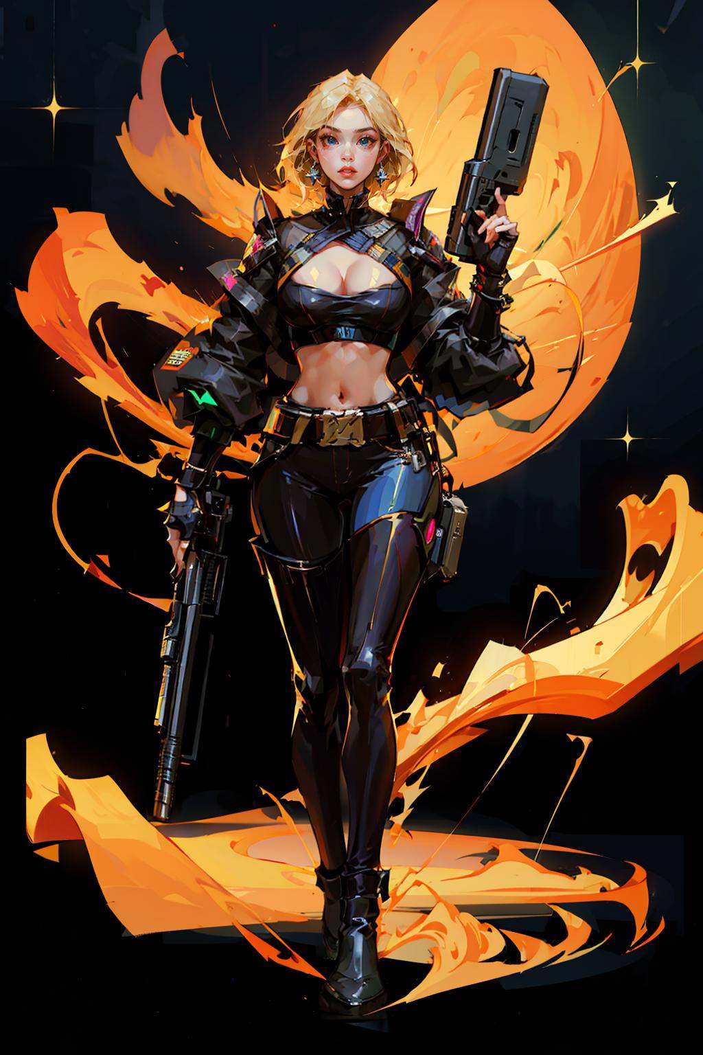 HEZI, Valorante，, 1girl, solo, blonde hair, weapon, high heels, breasts, gun, holding weapon, science fiction, holding, sniper rifle, electricity, jewelry, earrings, long hair, holding gun, navel, clothing cutout, cleavage, rifle, hair slicked back, hair behind ear, blue eyes, medium breasts, armor, glowing, hoop earrings, cleavage cutout, cropped jacket, character name, animification, open hand, parted lips, full body, standing, midriff，<lora:瓦洛兰特-000013:0.8>,