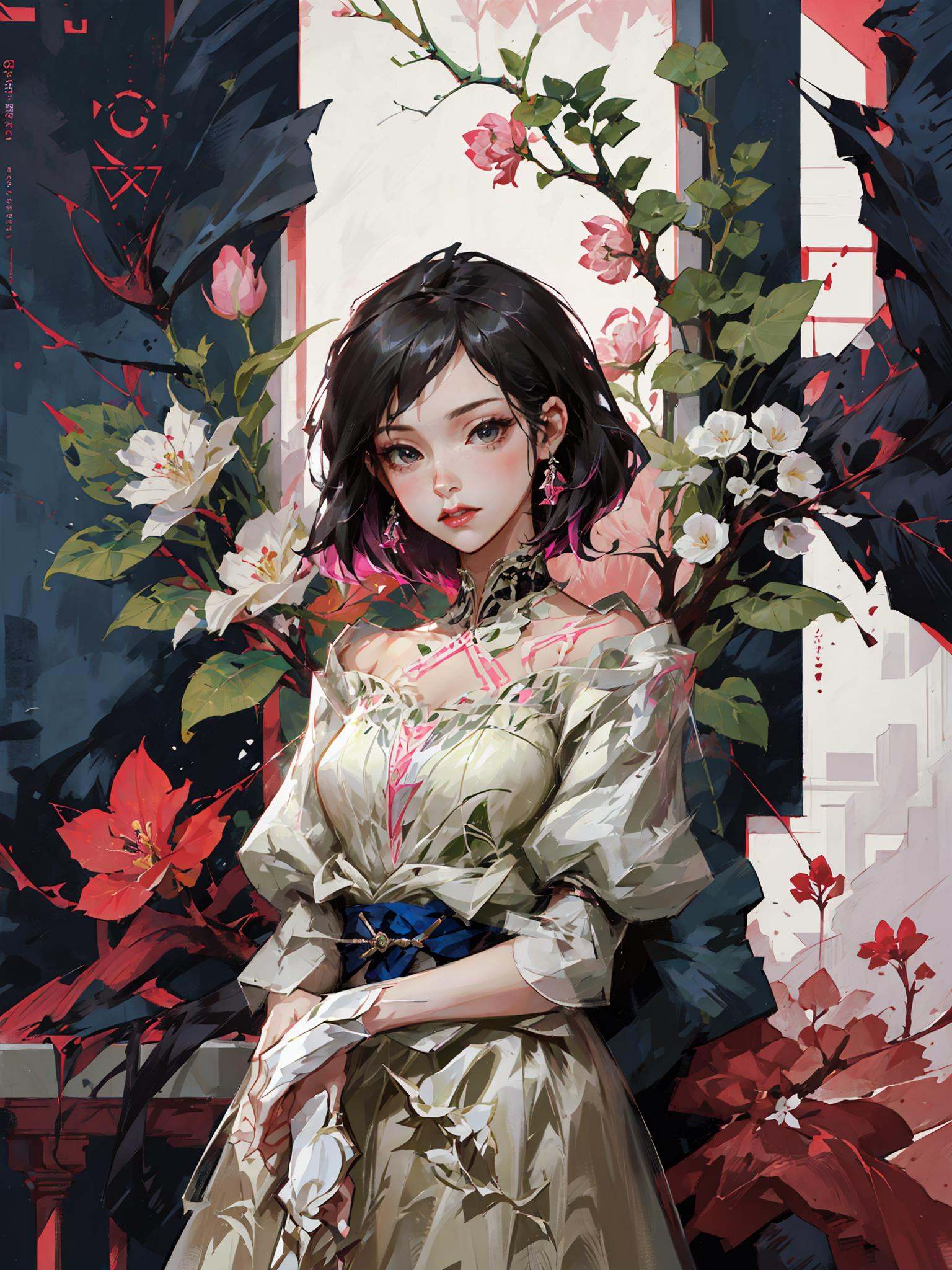 a woman in a white dress standing in front of a tree with pink flowers on it and a blue sky,Chizuko Yoshida,rossdraws global illumination,a detailed painting,<lora:瓦洛兰特-000013:1>,