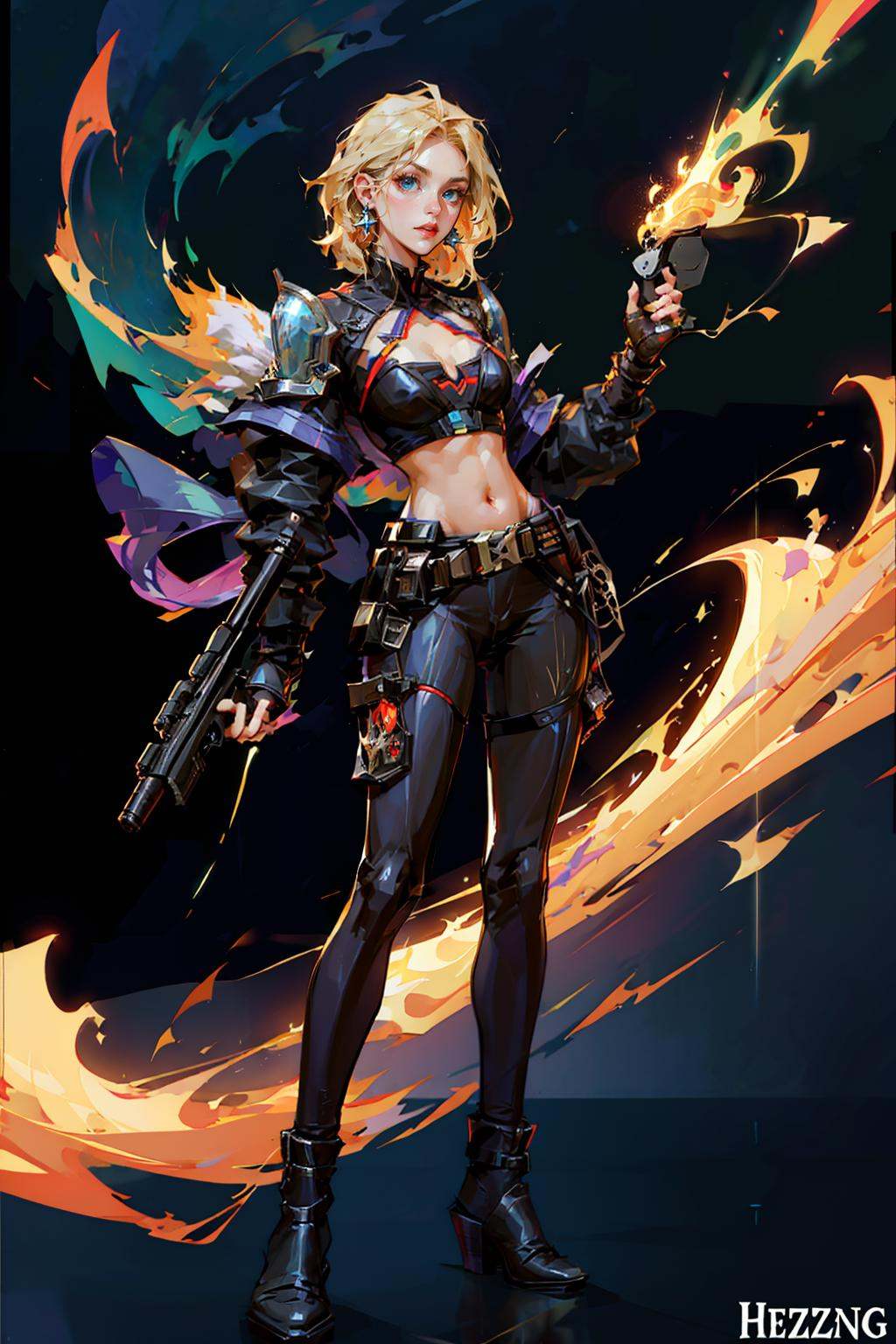 HEZI,Valorante,1girl,solo,blonde hair,weapon,high heels,breasts,gun,holding weapon,science fiction,holding,sniper rifle,electricity,jewelry,earrings,long hair,holding gun,navel,clothing cutout,cleavage,rifle,hair slicked back,hair behind ear,blue eyes,medium breasts,armor,glowing,hoop earrings,cleavage cutout,cropped jacket,character name,animification,open hand,parted lips,full body,standing,midriff,<lora:瓦洛兰特-000013:0.85>,