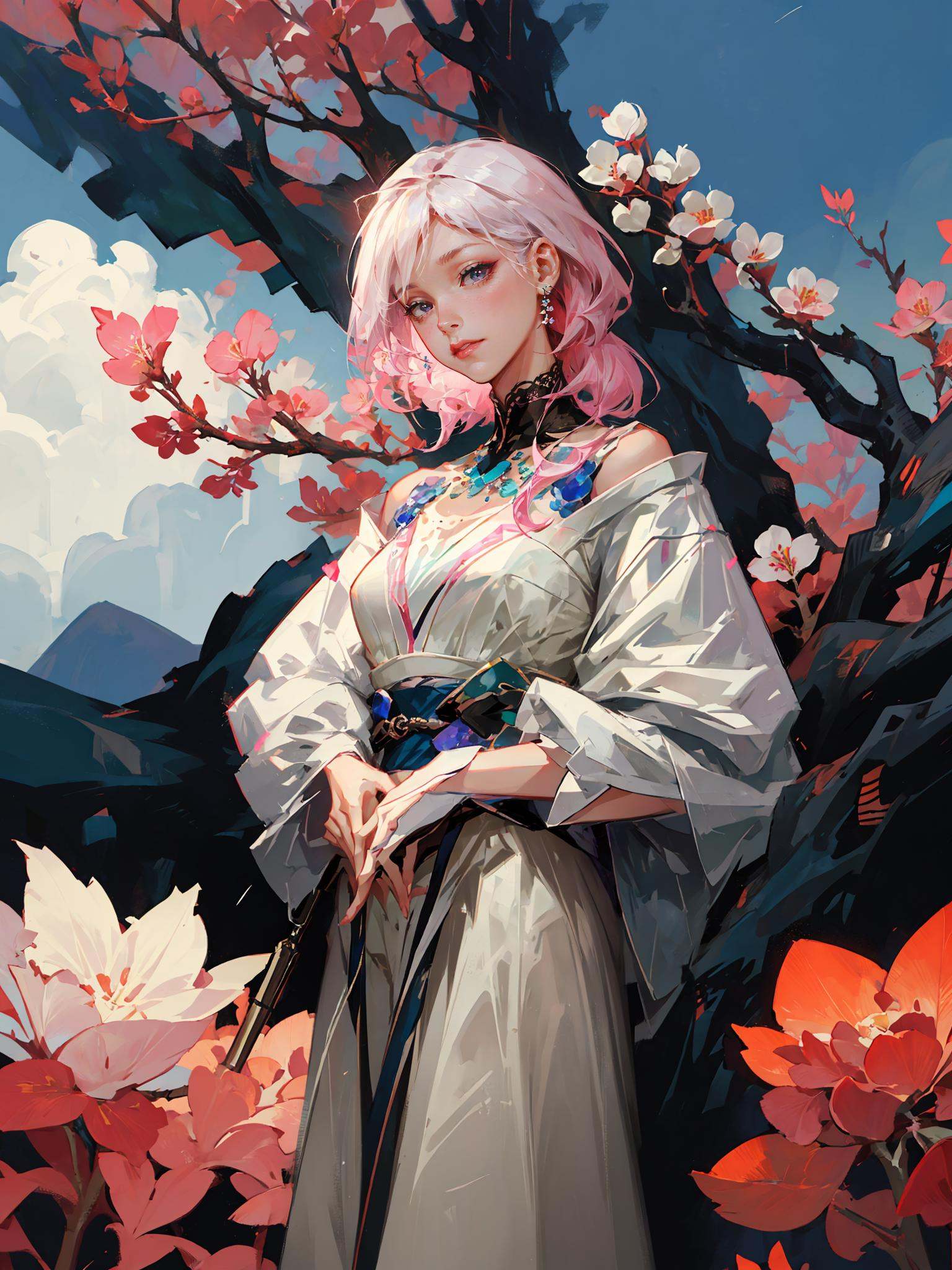 a woman in a white dress standing in front of a tree with pink flowers on it and a blue sky,Chizuko Yoshida,rossdraws global illumination,a detailed painting,<lora:瓦洛兰特-000013:0.85>,