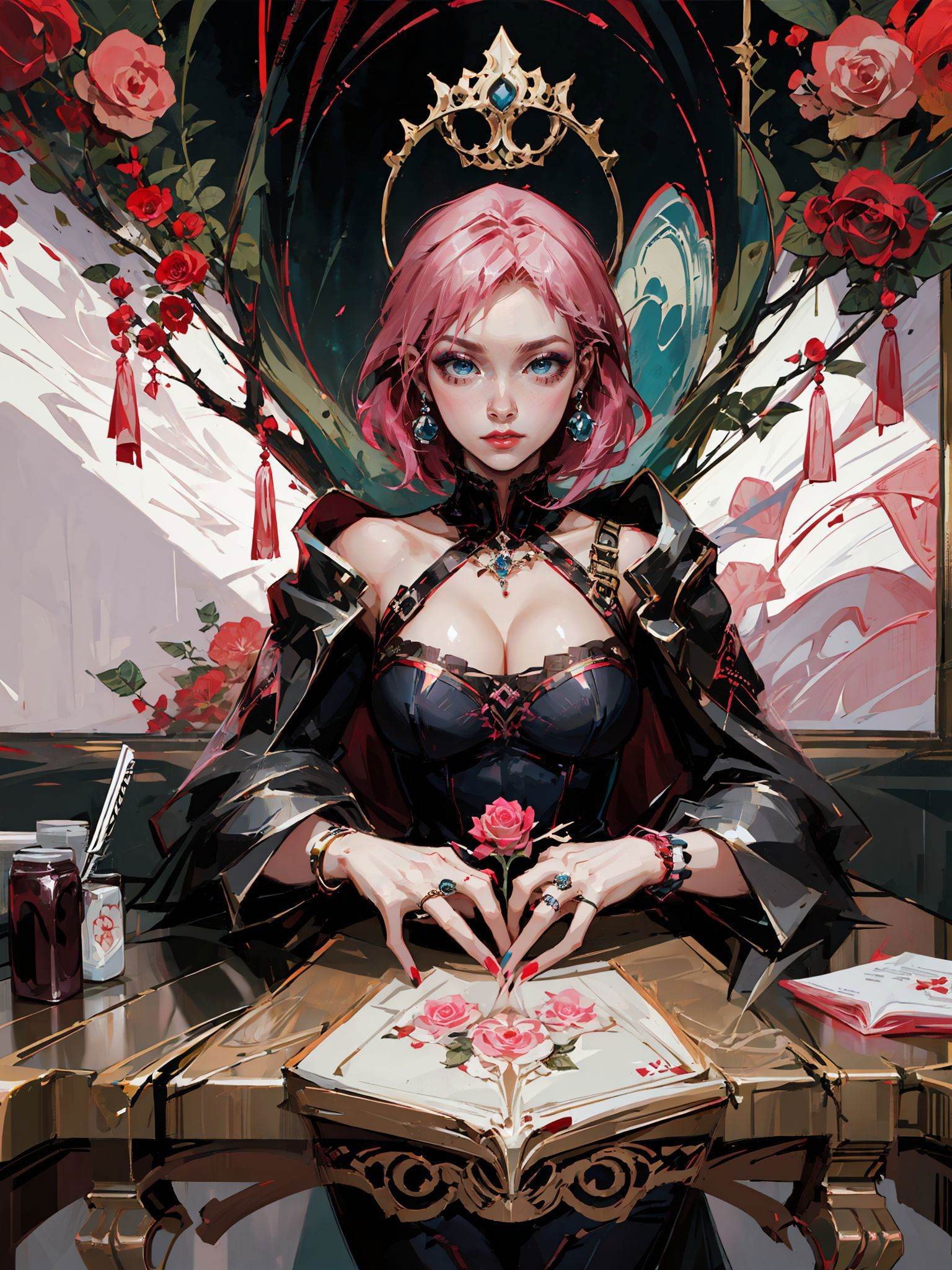 Concept art,tarot cards,borders,European patterns,1girl,solo,tarot,flower,ring,breasts,jewelry,cleavage,blue eyes,makeup,crown,pink hair,nail polish,lipstick,rose,dress,medium breasts,looking at viewer,red flower,<lora:瓦洛兰特-000013:0.9>,