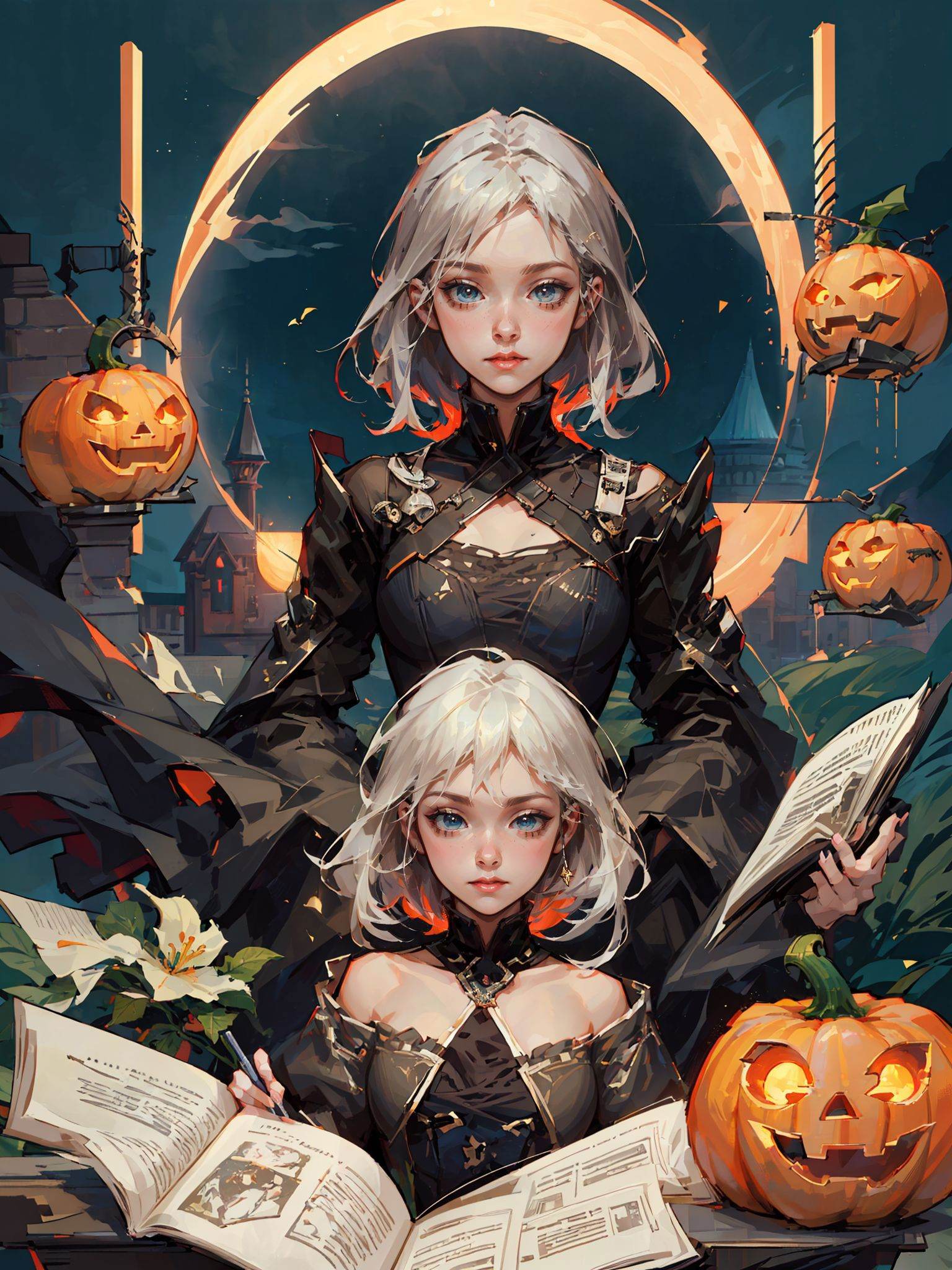 (extremely detailed CG unity 8k wallpaper),(masterpiece),(best quality),(ultra-detailed),(best illustration),hezi,(1girl:1.5),candy,hallowmas,night,pumpkin lamp,witch,The detailed castle,mist encircles the mountains,fairyland,nature,flowers,upper body,<lora:瓦洛兰特-000013:0.8>,