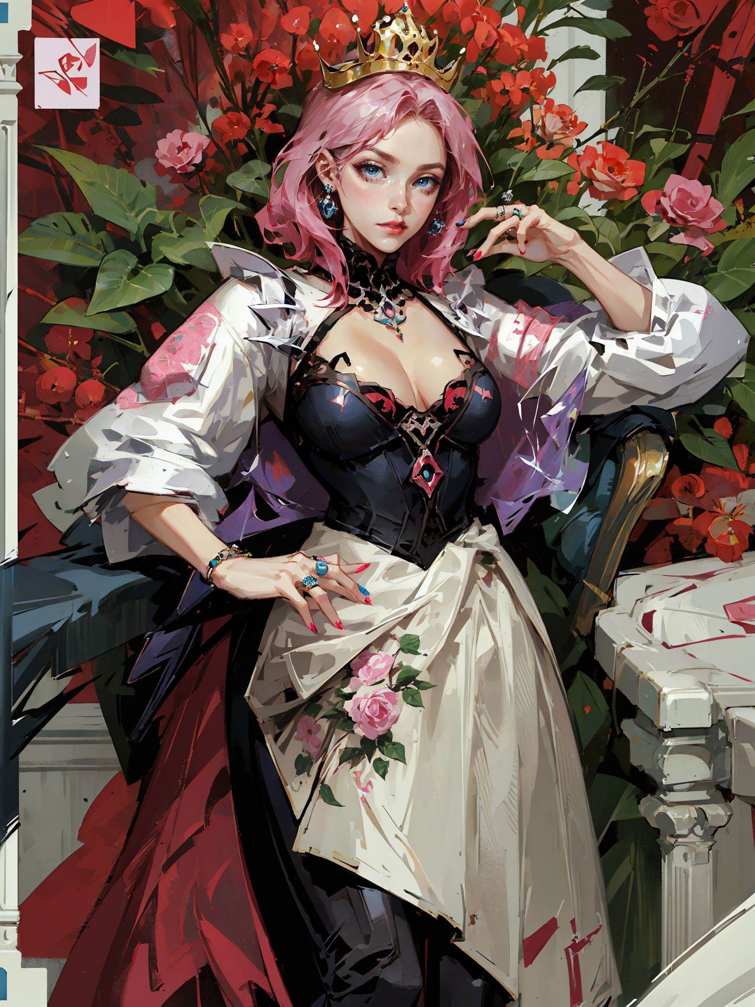 Concept art,tarot cards,borders,European patterns,1girl,solo,tarot,flower,ring,breasts,jewelry,cleavage,blue eyes,makeup,crown,pink hair,nail polish,lipstick,rose,dress,medium breasts,looking at viewer,red flower, <lora:瓦洛兰特-000013:0.9>,