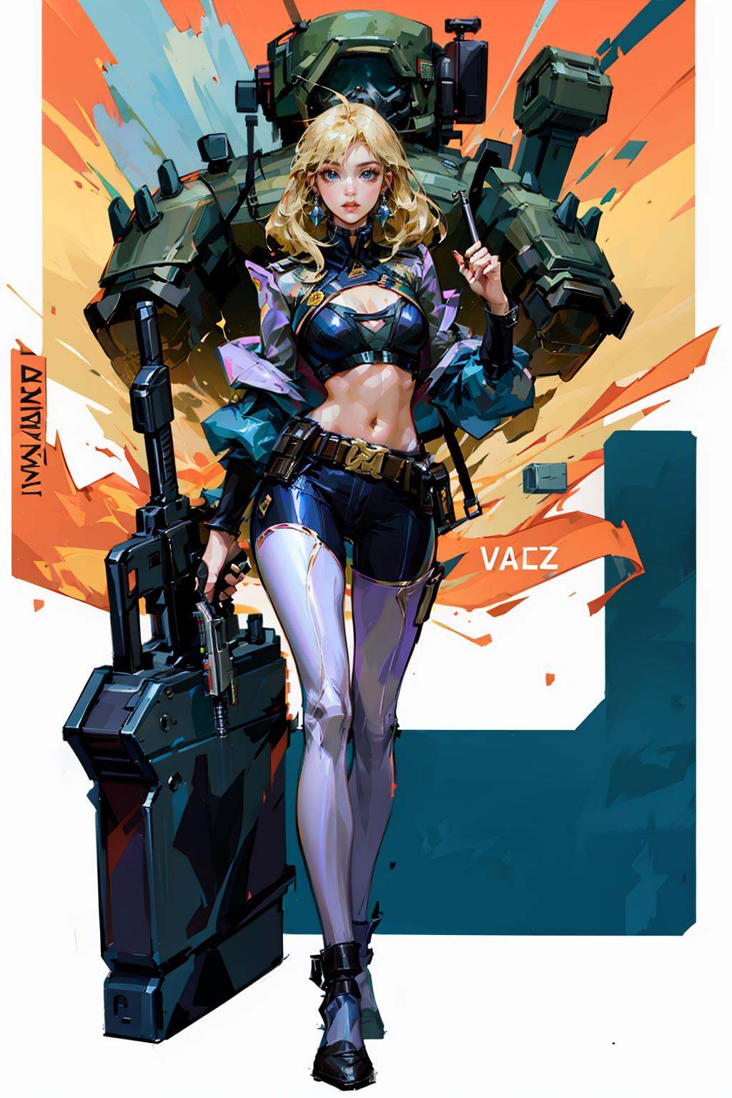 HEZI, Valorante，, 1girl, solo, blonde hair, weapon, high heels, breasts, gun, holding weapon, science fiction, holding, sniper rifle, electricity, jewelry, earrings, long hair, holding gun, navel, clothing cutout, cleavage, rifle, hair slicked back, hair behind ear, blue eyes, medium breasts, armor, glowing, hoop earrings, cleavage cutout, cropped jacket, character name, animification, open hand, parted lips, full body, standing, midriff，<lora:瓦洛兰特-000013:0.8>,