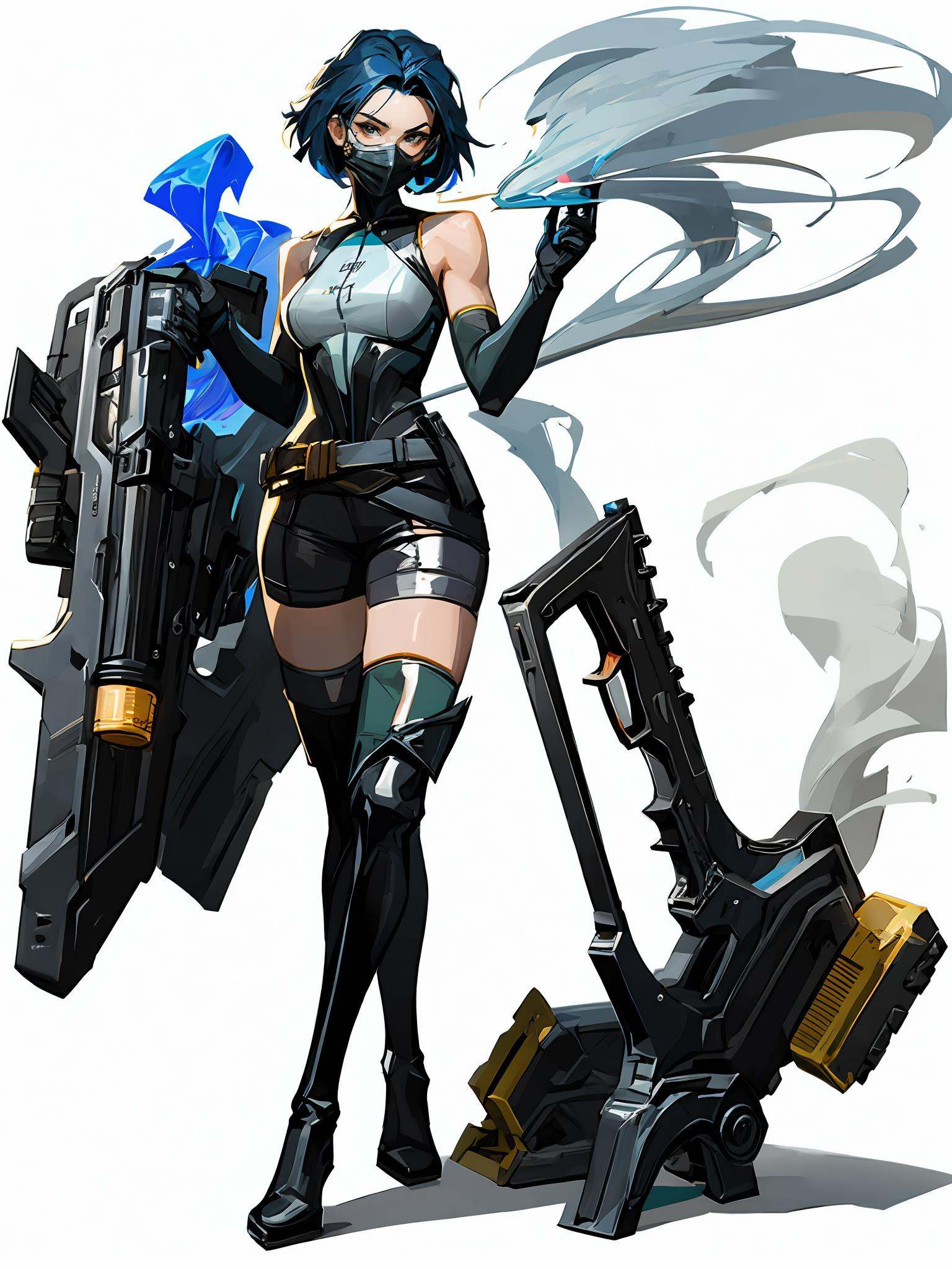 HEZI wa,1girl,gun,weapon,thigh boots,holding,boots,holding gun,solo,holding weapon,mask,thighhighs,green bodysuit,black hair,bodysuit,medium breasts,white background,gloves,short hair,breasts,open hand,handgun,mouth mask,walking,belt,black footwear,black gloves,black eyes,full body,blue hair,smoke,looking at viewer,looking to the side,skin tight,animification,revolver,elbow gloves,standing,<lora:盒子系列——欧美角色设计立﷿:0.85>,