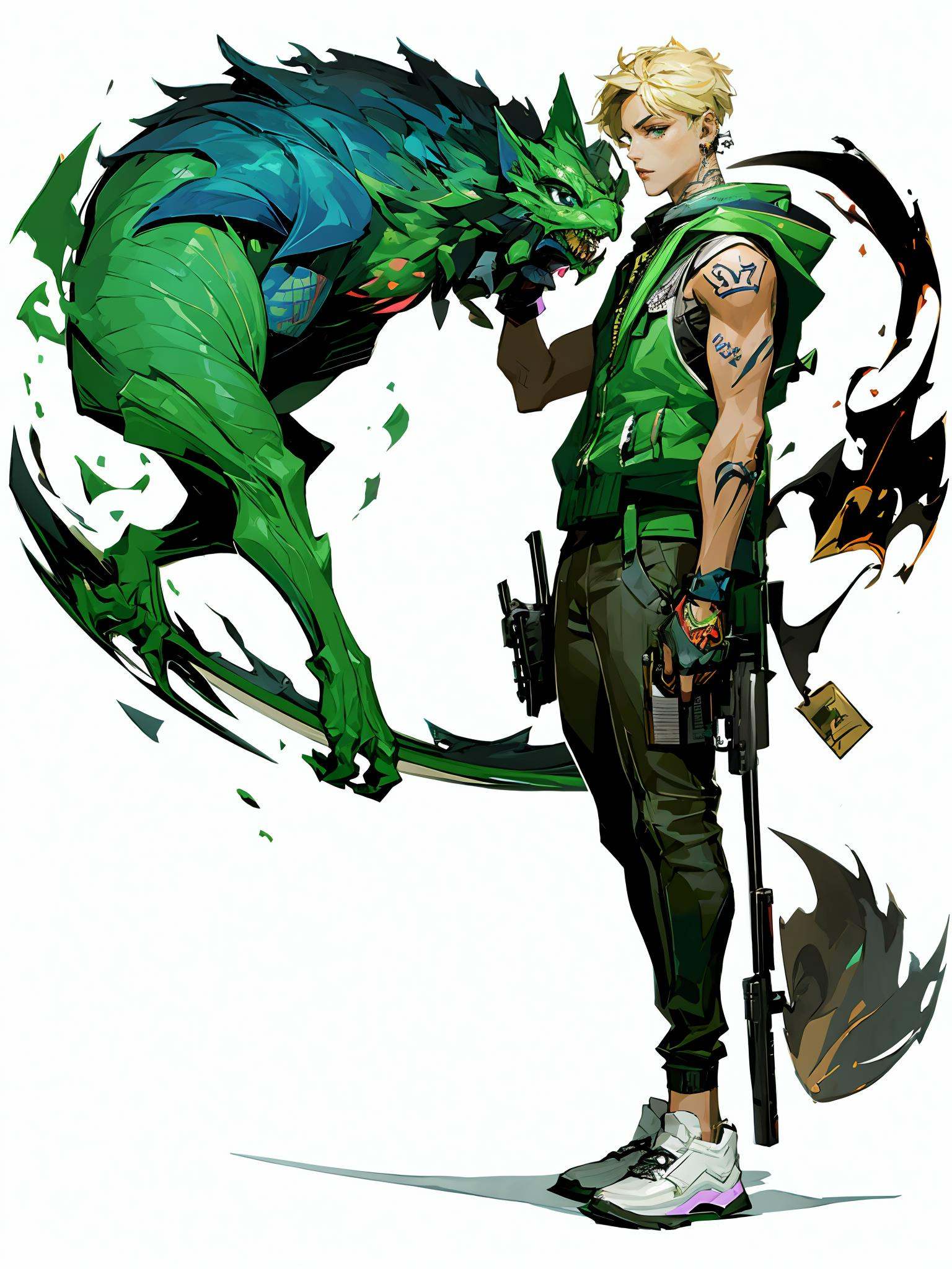 HEZI wa,weapon,holding gun,gun,holding weapon,holding,shoes,fingerless gloves,gloves,arm tattoo,tattoo,1boy,pants,white footwear,white background,from side,sneakers,male focus,bird,short hair,handgun,goggles,nose piercing,alternate costume,black gloves,dark skin,socks,solo,looking at viewer,blonde hair,piercing,earrings,brown pants,green eyes,jewelry,parted lips,animal on shoulder,simple background,dark-skinned male,official alternate costume,creature,sleeveless,1girl,animal,ear piercing,black pants,<lora:盒子系列——欧美角色设计立﷿:0.85>,