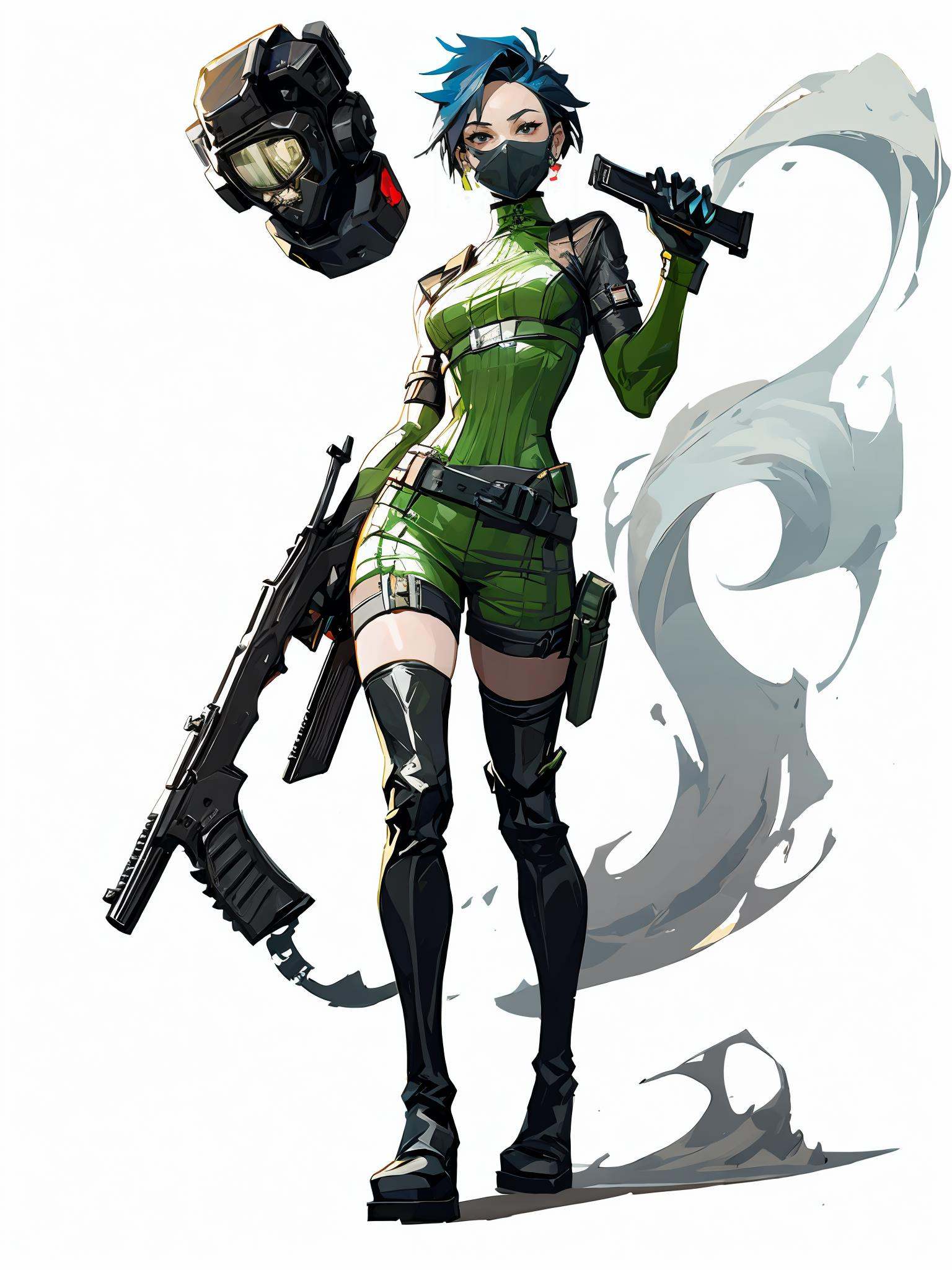 HEZI wa, 1girl, gun, weapon, thigh boots, holding, boots, holding gun, solo, holding weapon, mask, thighhighs, green bodysuit, black hair, bodysuit, medium breasts, white background, gloves, short hair, breasts, open hand, handgun, mouth mask, walking, belt, black footwear, black gloves, black eyes, full body, blue hair, smoke, looking at viewer, looking to the side, skin tight, animification, revolver, elbow gloves, standing<lora:盒子系列——欧美角色设计立﷿:0.85>,