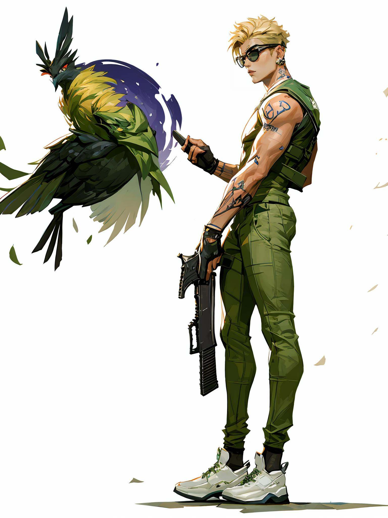 HEZI wa,weapon,holding gun,gun,holding weapon,holding,shoes,fingerless gloves,gloves,arm tattoo,tattoo,1boy,pants,white footwear,white background,from side,sneakers,male focus,bird,short hair,handgun,goggles,nose piercing,alternate costume,black gloves,dark skin,socks,solo,looking at viewer,blonde hair,piercing,earrings,brown pants,green eyes,jewelry,parted lips,animal on shoulder,simple background,dark-skinned male,official alternate costume,creature,sleeveless,1girl,animal,ear piercing,black pants,<lora:盒子系列——欧美角色设计立﷿:0.85>,