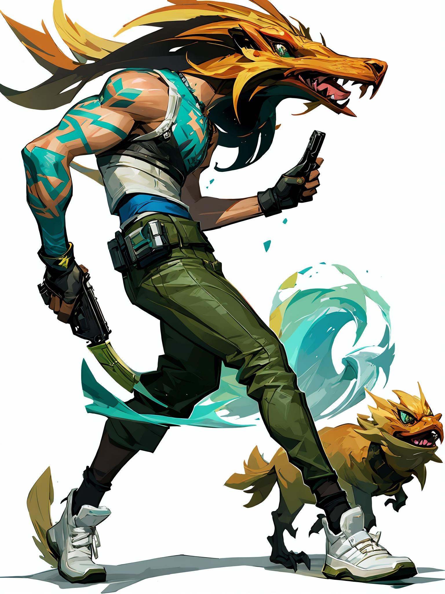 HEZI wa,weapon,holding gun,gun,holding weapon,holding,shoes,fingerless gloves,gloves,arm tattoo,tattoo,1boy,pants,white footwear,white background,from side,sneakers,male focus,bird,short hair,handgun,goggles,nose piercing,alternate costume,black gloves,dark skin,socks,solo,looking at viewer,blonde hair,piercing,earrings,brown pants,green eyes,jewelry,parted lips,animal on shoulder,simple background,dark-skinned male,official alternate costume,creature,sleeveless,1girl,animal,ear piercing,black pants,<lora:盒子系列——欧美角色设计立﷿:0.85>,