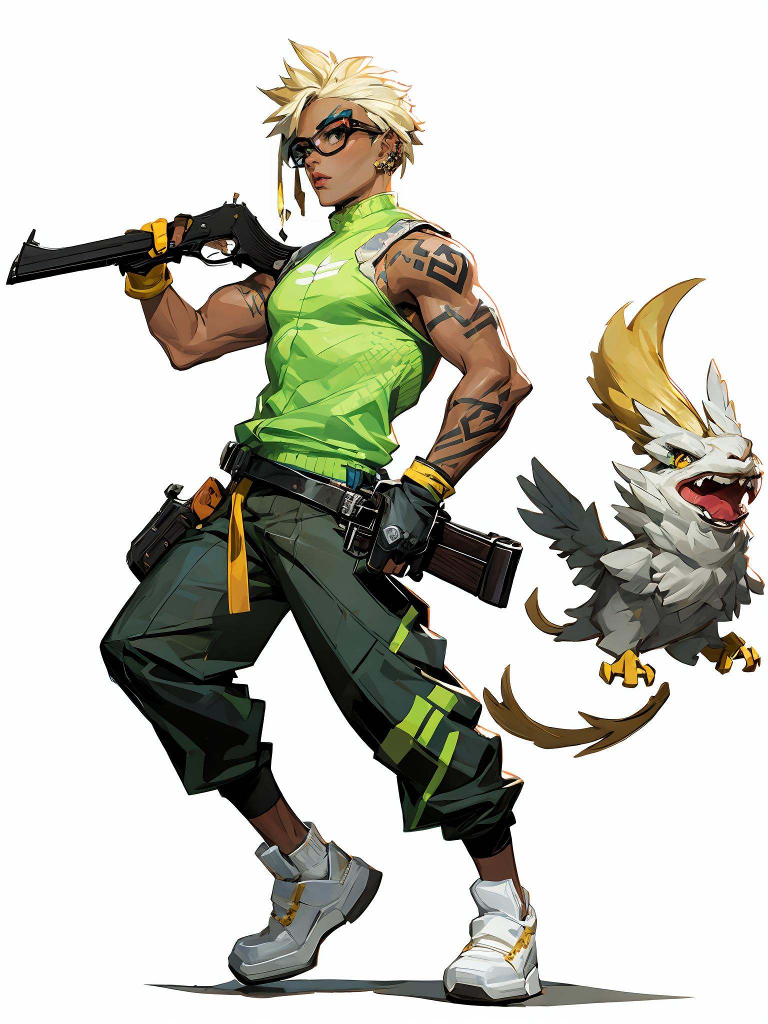 HEZI wa,weapon,holding gun,gun,holding weapon,holding,shoes,fingerless gloves,gloves,arm tattoo,tattoo,1boy,pants,white footwear,white background,from side,sneakers,male focus,bird,short hair,handgun,goggles,nose piercing,alternate costume,black gloves,dark skin,socks,solo,looking at viewer,blonde hair,piercing,earrings,brown pants,green eyes,jewelry,parted lips,animal on shoulder,simple background,dark-skinned male,official alternate costume,creature,sleeveless,1girl,animal,ear piercing,black pants,<lora:盒子系列——欧美角色设计立﷿:0.85>,