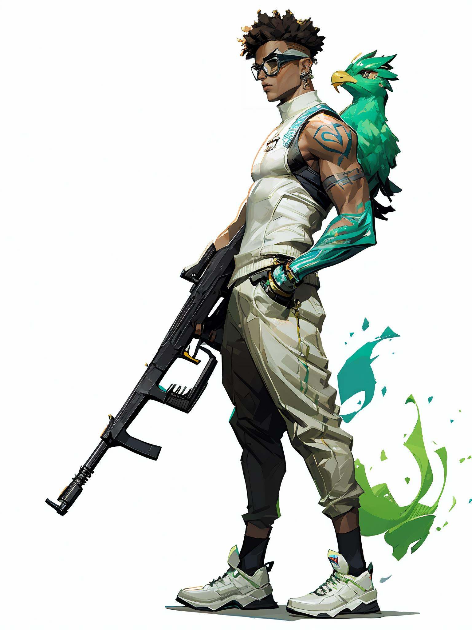 HEZI wa,weapon,holding gun,gun,holding weapon,holding,shoes,fingerless gloves,gloves,arm tattoo,tattoo,1boy,pants,white footwear,white background,from side,sneakers,male focus,bird,short hair,handgun,goggles,nose piercing,alternate costume,black gloves,dark skin,socks,solo,looking at viewer,blonde hair,piercing,earrings,brown pants,green eyes,jewelry,parted lips,animal on shoulder,simple background,dark-skinned male,official alternate costume,creature,sleeveless,1girl,animal,ear piercing,black pants,<lora:盒子系列——欧美角色设计立﷿:0.85>,