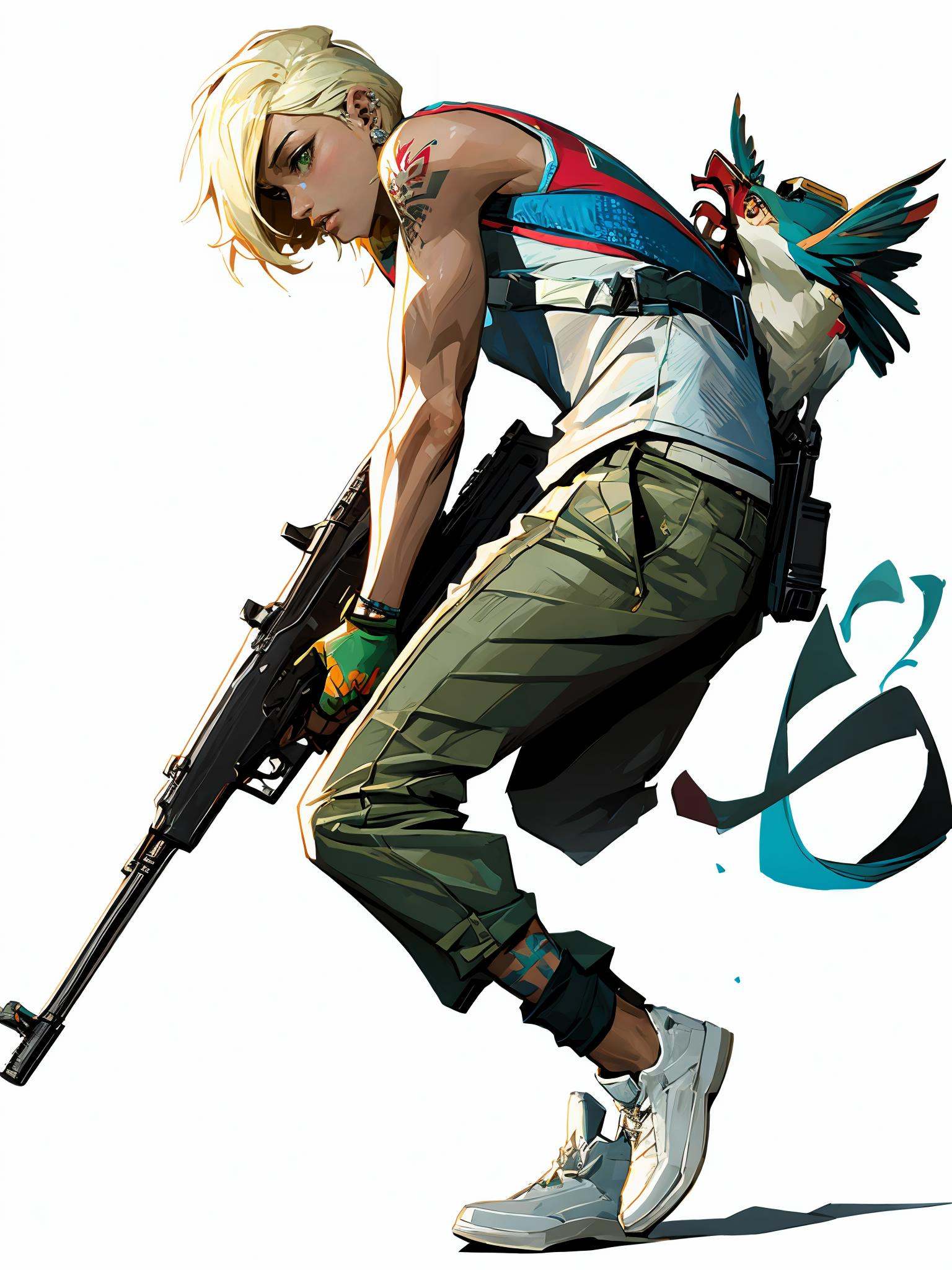 HEZI wa,weapon,holding gun,gun,holding weapon,holding,shoes,fingerless gloves,gloves,arm tattoo,tattoo,1boy,pants,white footwear,white background,from side,sneakers,male focus,bird,short hair,handgun,goggles,nose piercing,alternate costume,black gloves,dark skin,socks,solo,looking at viewer,blonde hair,piercing,earrings,brown pants,green eyes,jewelry,parted lips,animal on shoulder,simple background,dark-skinned male,official alternate costume,creature,sleeveless,1girl,animal,ear piercing,black pants,<lora:盒子系列——欧美角色设计立﷿:0.85>,