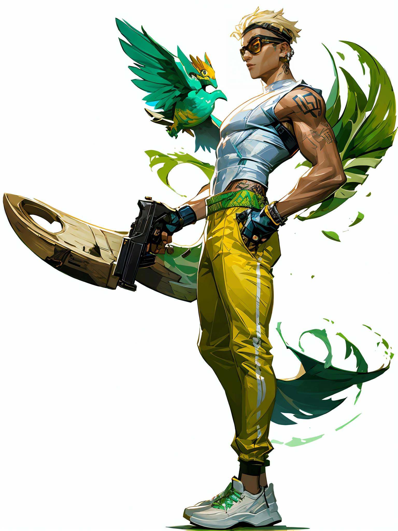 HEZI wa, weapon, holding gun, gun, holding weapon, holding, shoes, fingerless gloves, gloves, arm tattoo, tattoo, 1boy, pants, white footwear, white background, from side, sneakers, male focus, bird, short hair, handgun, goggles, nose piercing, alternate costume, black gloves, dark skin, socks, solo, looking at viewer, blonde hair, piercing, earrings, brown pants, green eyes, jewelry, parted lips, animal on shoulder, simple background, dark-skinned male, official alternate costume, creature, sleeveless, 1girl, animal, ear piercing, black pants<lora:盒子系列——欧美角色设计立﷿:0.85>,