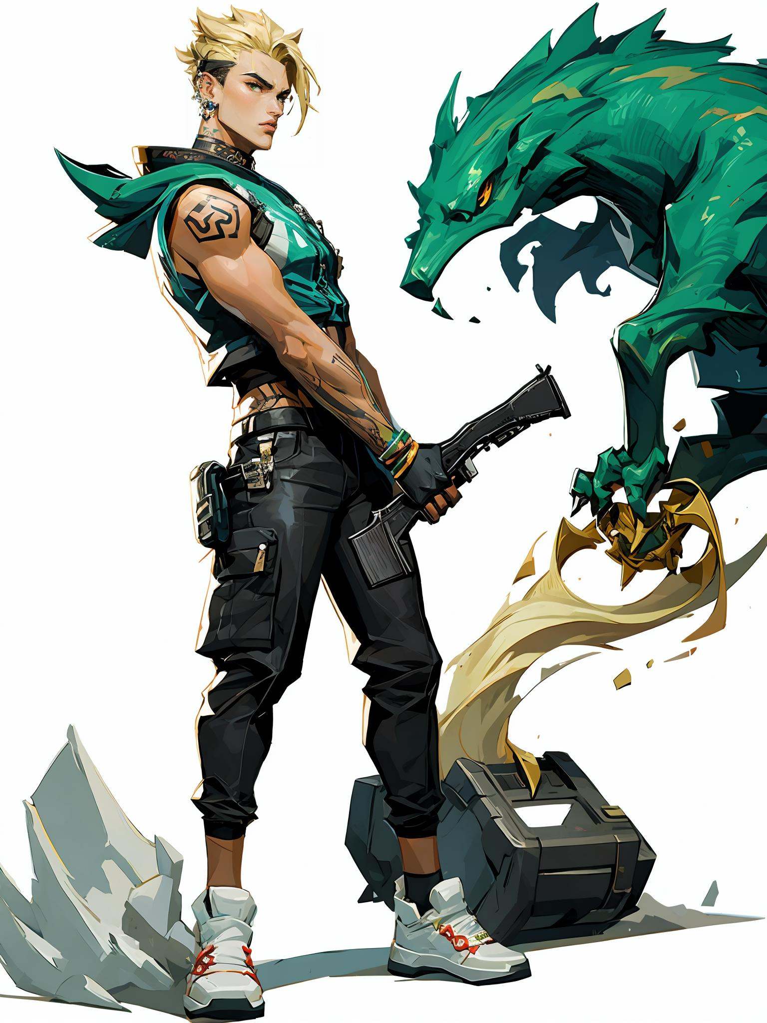 HEZI wa,weapon,holding gun,gun,holding weapon,holding,shoes,fingerless gloves,gloves,arm tattoo,tattoo,1boy,pants,white footwear,white background,from side,sneakers,male focus,bird,short hair,handgun,goggles,nose piercing,alternate costume,black gloves,dark skin,socks,solo,looking at viewer,blonde hair,piercing,earrings,brown pants,green eyes,jewelry,parted lips,animal on shoulder,simple background,dark-skinned male,official alternate costume,creature,sleeveless,1girl,animal,ear piercing,black pants,<lora:盒子系列——欧美角色设计立﷿:0.85>,