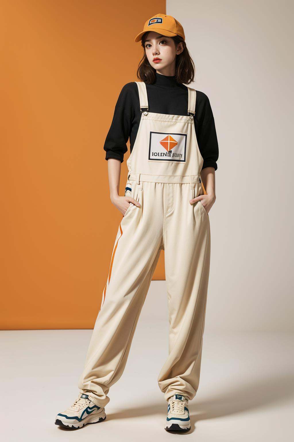 best quality, masterpiece, (photorealistic:1.2). 35mm photograph, professional, 4k, highly detailedhezi, (photostudio:1.2),(Studio shoot:1.3)overalls/,jumpsuit allieb, in the style of light beige and orange, environmental activism, hallyu, coastal scenery, womancore, thick paint, bold outline,overalls, realistic, hat, brown hair, sneakers, baseball cap, hands in pockets, shoes, white background,precise detailing, vibrant color blocks, washed-out, hallyu, iconi,