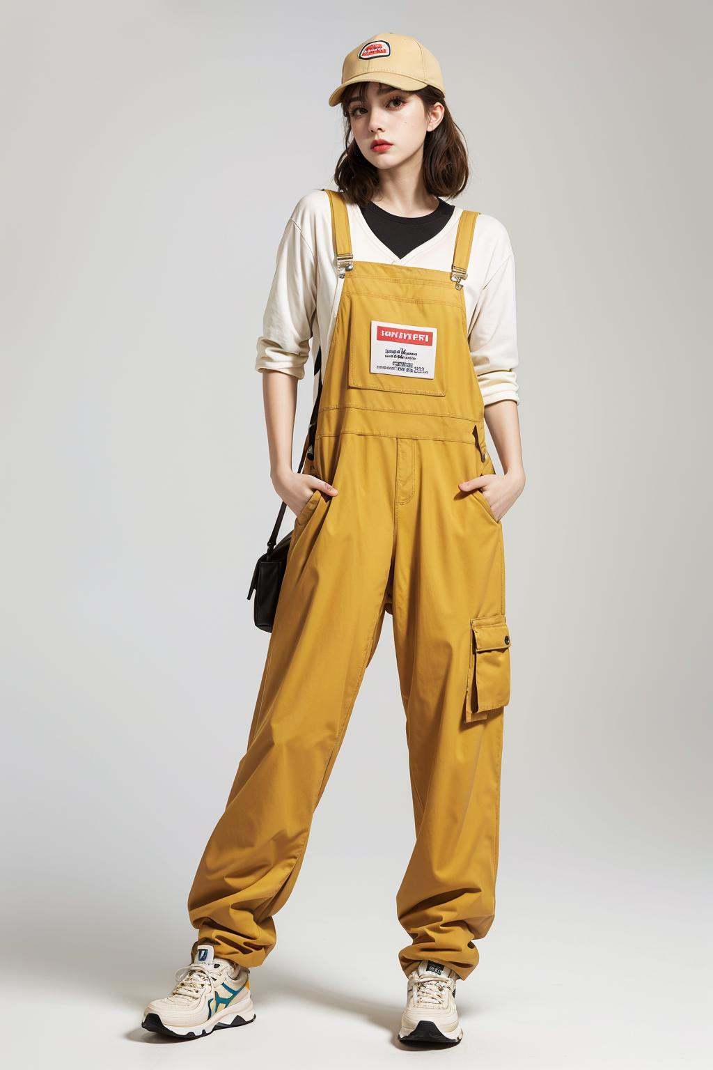 best quality, masterpiece, (photorealistic:1.2). 35mm photograph, professional, 4k, highly detailedhezi, (photostudio:1.2),(Studio shoot:1.3)overalls/,jumpsuit allieb, in the style of light beige and orange, environmental activism, hallyu, coastal scenery, womancore, thick paint, bold outline,overalls, realistic, hat, brown hair, sneakers, baseball cap, hands in pockets, shoes, white background,precise detailing, vibrant color blocks, washed-out, hallyu, iconi,