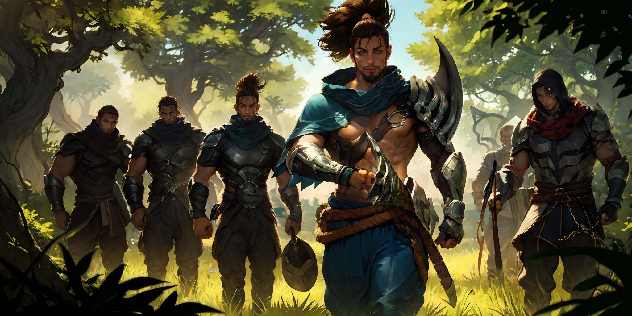 HEZI, LOL, \\\(lol style\\\), game cg, multiple boys, weapon, facial hair, tree, armor, nature, ponytail, long hair, male focus, forest, brown hair, sword, outdoors, muscular, beard, holding, black hair, shoulder armor, 6+boys, leaf, holding weapon, ninja, scar, manly, looking at viewer, cape, bug, mask, pauldrons, hood, muscular male, tattoo, short hair, sickle, sheath, scarf, chain, abs, scar on face, grass, 5boys, 1girl, butterfly, cloak, holding sword, scar across eye<lora:LOL艾欧尼亚(8bit)2-000008:0.7>,