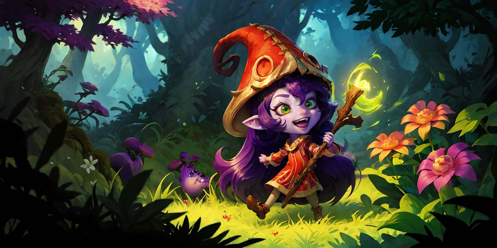 HEZI, LOL, \\\(lol style\\\), game cg, lulu \(league of legends\), 1girl, purple hair, staff, hat, nature, forest, green eyes, open mouth, flower, long hair, yordle, tree, purple skin, colored skin, animal ears, smile, very long hair, witch hat, grass, mushroom, pointy ears, tongue, fairy, dress, teeth, plant, ears through headwear, holding, holding staff, outdoors, :d, vines, red dress, fangs, solo<lora:LOL艾欧尼亚(8bit)2-000008:0.7>,