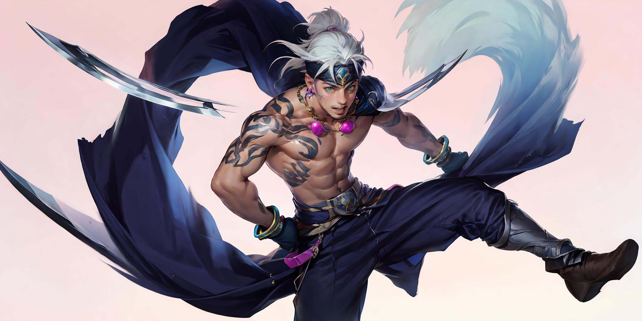 HEZI,LOL,\\\(lol style\\\),game cg,1boy,long hair,pants,male focus,ponytail,jewelry,weapon,looking at viewer,bangs,tattoo,bell,white hair,single bare shoulder,green eyes,holding,facial hair,gloves,blue eyes,closed mouth,holding weapon,headband,animal,cat,pink background,beard,official alternate costume,sword,black pants,abs,simple background,collar,solo,necklace,neck bell,gradient background,gem,pectorals,holding sword,topless male,parted bangs,muscular male,ribbon,gradient,smile,muscular,multicolored background,bare shoulders,bracelet,grey hair,collarbone,teeth,earrings,open mouth,feet out of frame,arm tattoo,white background,<lora:LOL艾欧尼亚(8bit)2-000008:0.7>,